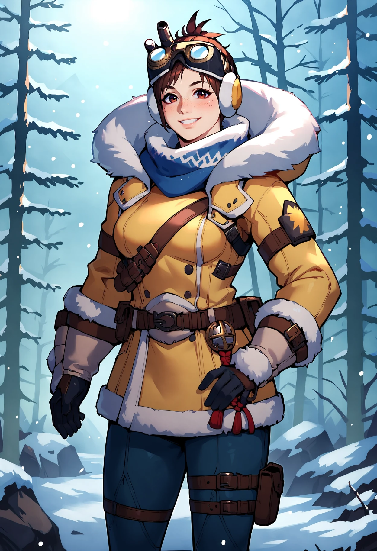 score_9, score_8_up, score_7_up, score_6_up, score_5_up, score_4_up, rating_safe, 1girl, breasts, solo, MHWHandler, looking at viewer, blush, smile, snowing, winter forest, massive trees, brown hair, freckles, HandlerSelianaOutfit, goggles on head, yellow fur coat, blue pants, fur boots, fur gloves, scarf, earmuffs
<lora:The_Handler_Monster_Hunter_World_PONY:0.8>