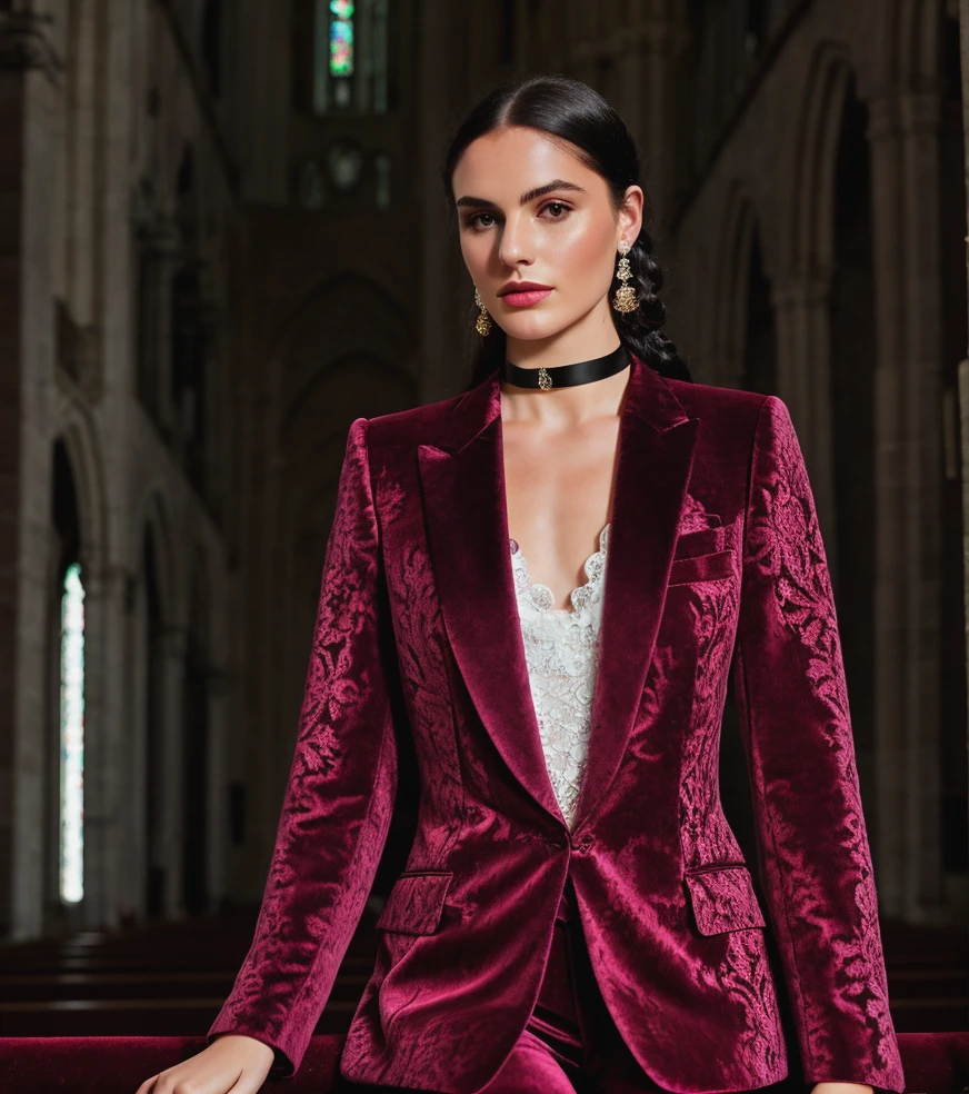 RAW photo, subject, 8k uhd, dslr, high quality, film grain, Fujifilm XT3, professional photo, (detailed skin:1.3), high quality, <lora:Jacquard_Clothing:0.65> , jaqcuard, jacquard fabric, made out of jacquard, portrait, abstract print, choker, pale skin, {{lipgloss}}, dark red, sitting in a church, dark, abandoned, jacquard suit, white lace blouse, black hair, braid, welsh woman, crystal bead, {velvet dark blazer}, green eyes, starlight,