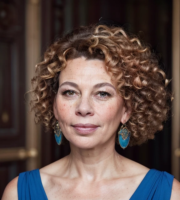 donna_langley, a queen in a blue dress, portrait, close-up, woman, jewelry, golden, earrings, looking at viewer, beautiful face, perfect hair, curly hair, brown hair, perfect brown eyes, pouty pink lips, natural skin, freckles, best quality, indoors, castle, soft lighting <lora:donna_langley_512p_nocap_16i_8r_12e_64d_32a:0.5>