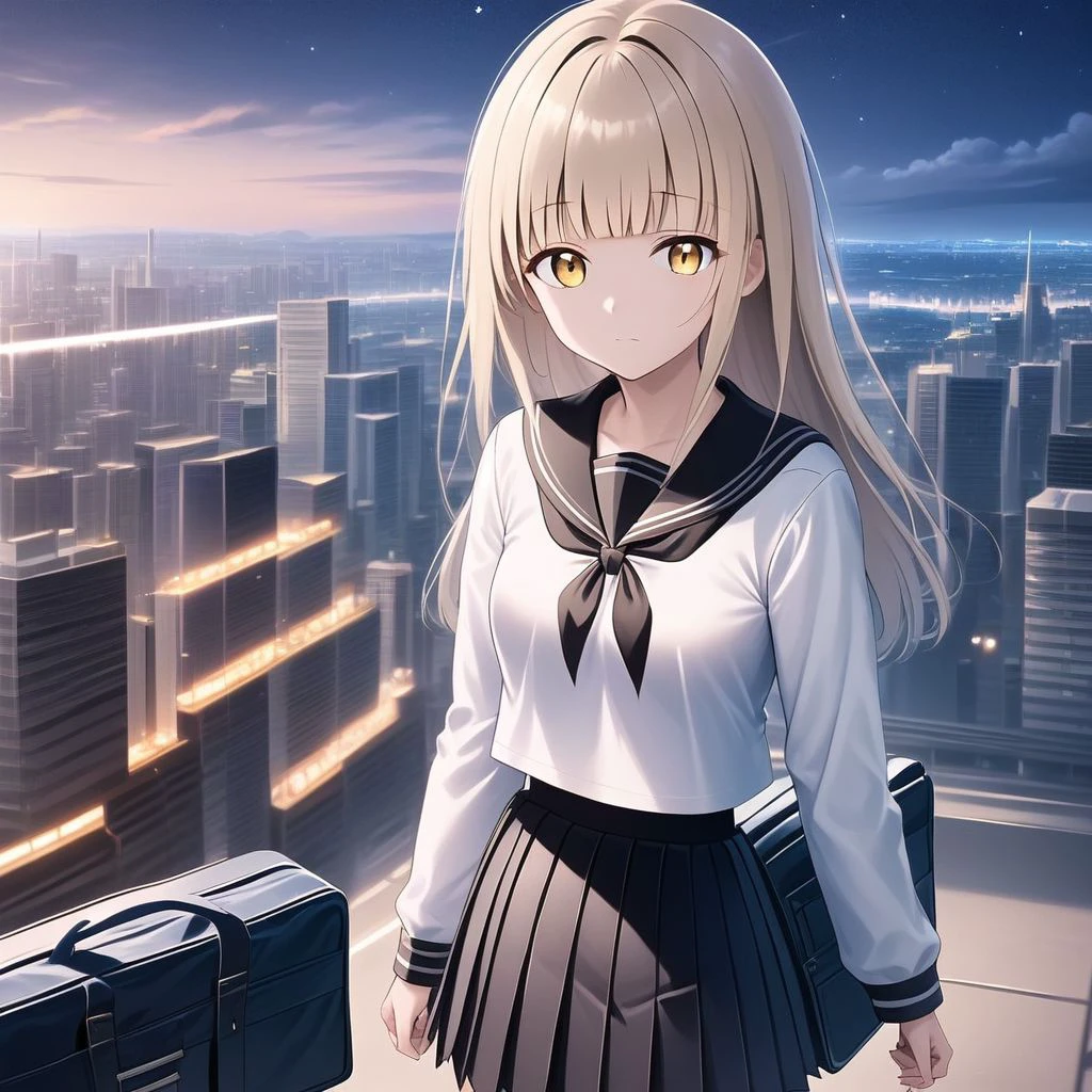 ((masterpiece,best quality)),1girl, solo, Yellow eyes, Blond hair, Long Hair, perfect detailed eye, sailor collar, looking at viewer, building, bangs, neckerchief, long sleeves, cloudy sky, power lines, shirt, cityscape, pleated skirt, scenery, blunt bangs, city, night, black sailor collar, closed mouth, black skirt, medium hair, school bag