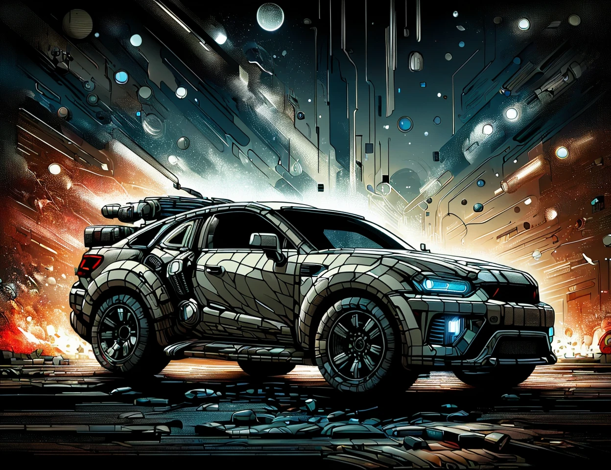 masterpiece, awesome quality, cinematic lighting, detailed, DonMFr4ctur3dD1ff scifi deviant vehicle (gears of war), auto-dimming side mirrors, underglow lights, lunar steel, striped, , candyland <lora:DonMFr4ctur3dD1ff:1>