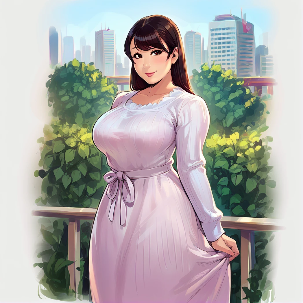 score_9, score_8_up, score_7_up, score_6_up, score_5_up, score_4_up, (Source anime),  (rating safe), Hana himesaki, 1girl, solo, anime style, brown eyes, smile, looking at viewer, city scape, posing, asian, long hair, black hair, large breasts, wide hips,  <lora:Hana_Himesaki_PonyXL:0.9>,  wearing sundress, 2d art,  wearing sweater, long dress,  <lora:Reinaldo_Quintero_Reiq_Artist_Style_PonyXL:1>