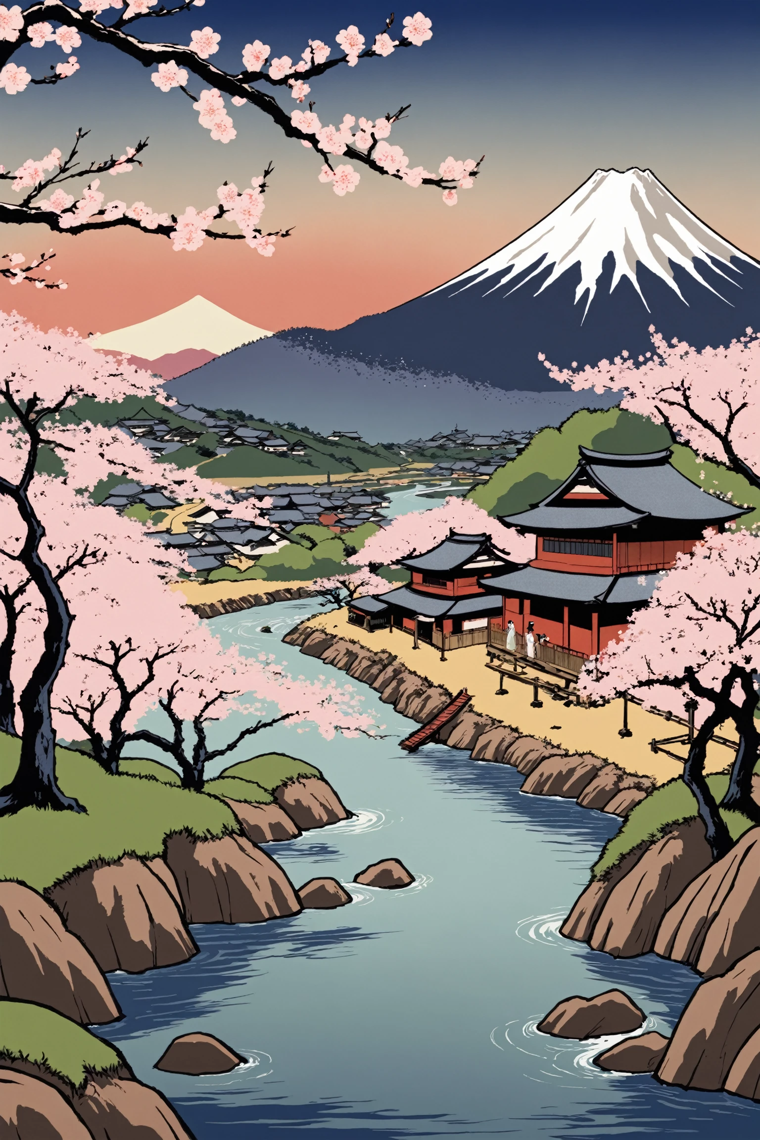 Landscape of feudal Japan village, ukiyo-e style, mountain, river, cherry blossom