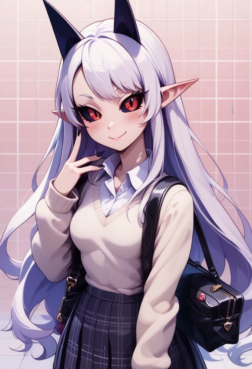 score_9, score_8_up, score_8, medium breasts, (curvy), cute, eyelashes,     
BREAK,
zzPram, 1girl, solo, long white hair, horns, pointy ears, red eyes, black sclera,
BREAK,
 closed mouth, alternate costume, smile, nail polish, looking at viewer, hand up, collared shirt, blush, sweater, black skirt, black nails, eyelashes, long sleeves, sleeves past wrists, plaid skirt, shoulder bag, black bag, blurry, tile floor, pleated skirt, white shirt  ,
zPDXL,