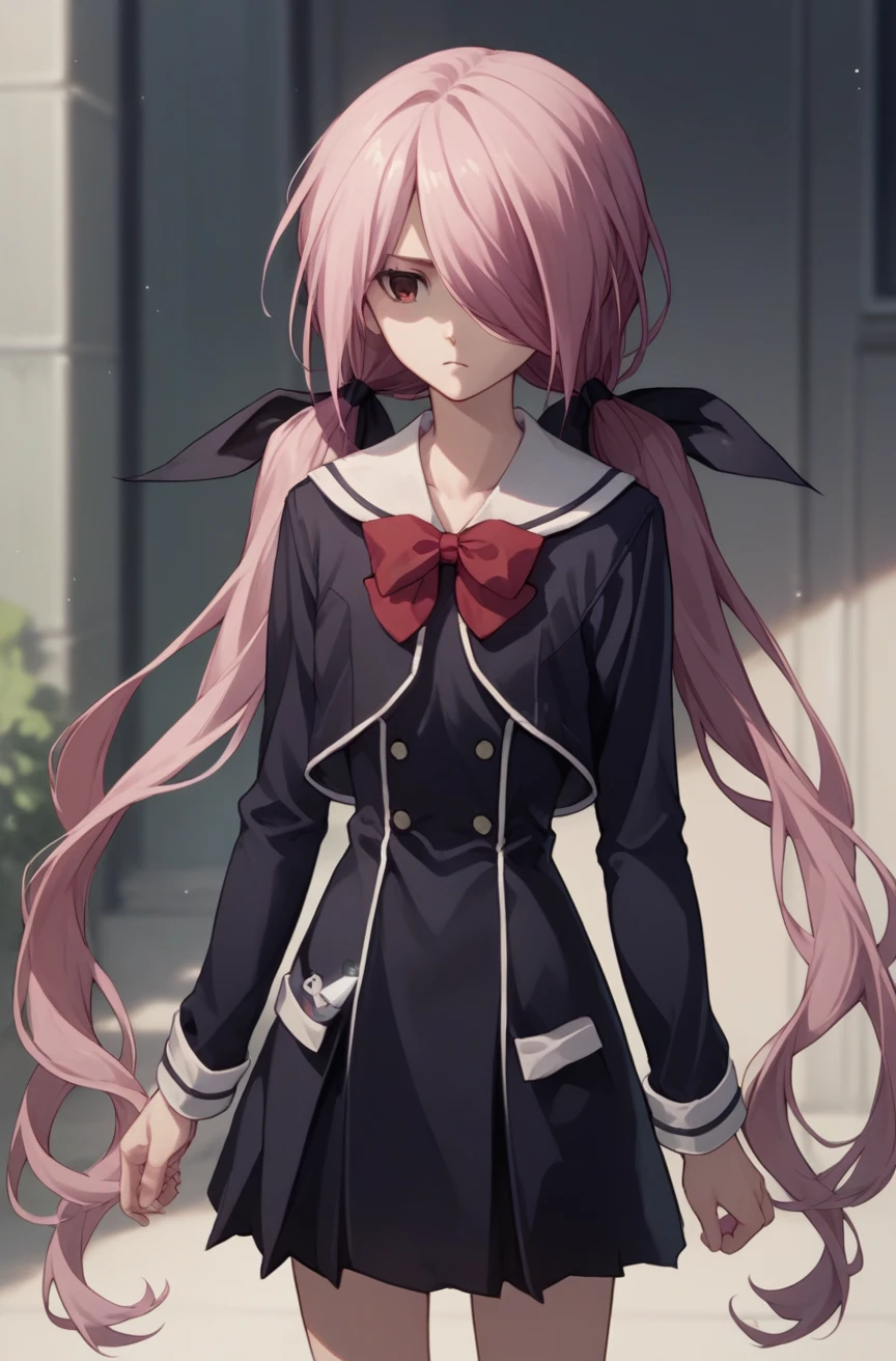 score_9, score_8_up, score_7_up, source_anime, <lora:Senri Minamisawa:0.8> 1girl, hair over one eye, pink hair, low twintails, hair ribbon, black ribbon, || senri minamisawa school uniform, school uniform, black dress, long sleeve, red bow, red bowtie,