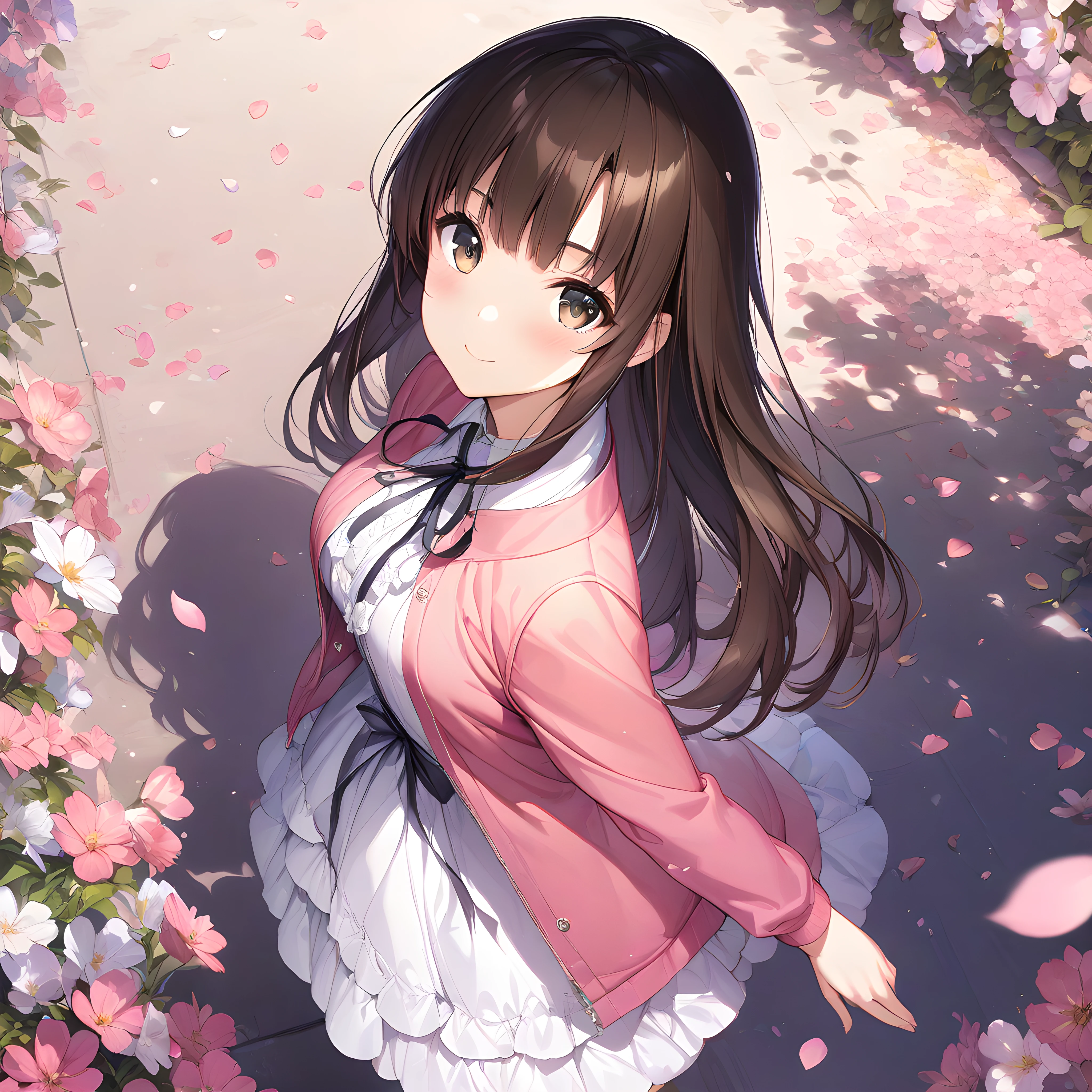 (masterpiece),(best quality),(ultra-detailed),(best illustration),(best shadow),(absurdres),(detailed background),(very aesthetic), megumi katou, 1girl, solo, brown hair, smile, flower, brown eyes, looking at viewer, bangs, sleeveless, jacket, long hair, pink jacket, ribbon, petals, dress <lora:XL-MegumiKatouv2:1>