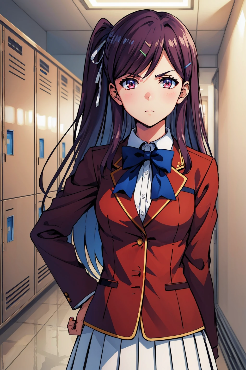 masterpiece, best quality, 1girl,  <lora:kamuromasumi-nvwls-v1-000009:0.9> masumi, one side up, hairclip, red blazer, blue bowtie, long sleeves, pleated skirt, white skirt, hallway, lockers, upper body, looking at viewer, furrowed brow, hand on hip