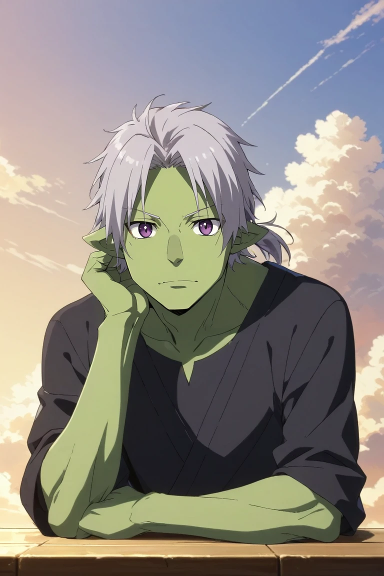 score_9, score_8_up, score_7_up, source_anime, rating_safe, , , looking at viewer, , 1boy, solo, male focus, <lora:rigur_tensura_pony:0.8>, rigur_tensura, grey hair, purple eyes, pointy ears, colored skin, green skin, , , tusks, ponytail, straight-on, full body, heaven, clouds, day, sunny, breast rest, wavy mouth, , <lora:sdxl_lightning_8step_lora:1>