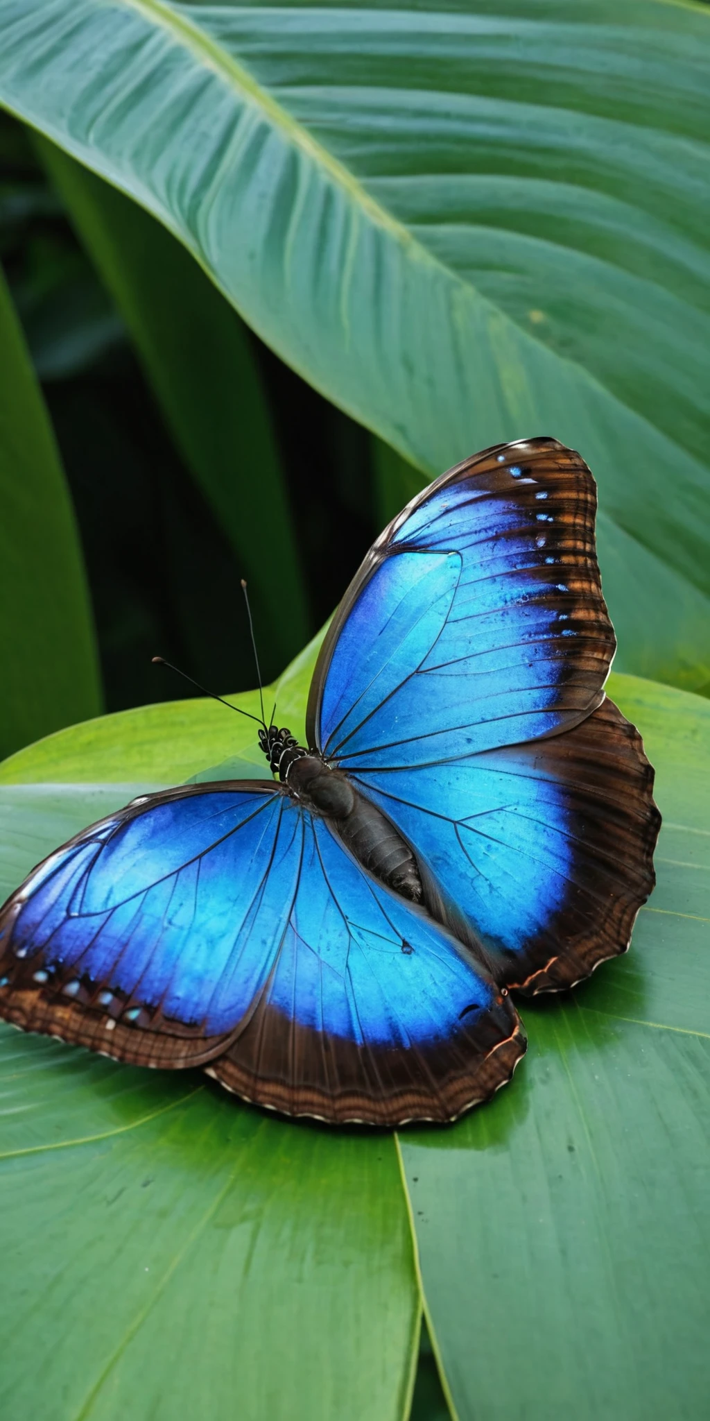 Blue Morpho butterfly, resting, tropical forest, daylight, natural sunlight, no artist, realistic, photography, highly detailed, vibrant colors, Sony camera, 4K, ultra-high-definition, crisp focus,<lora:HMSGå¾®è·è´è¶XL-000010:1>,