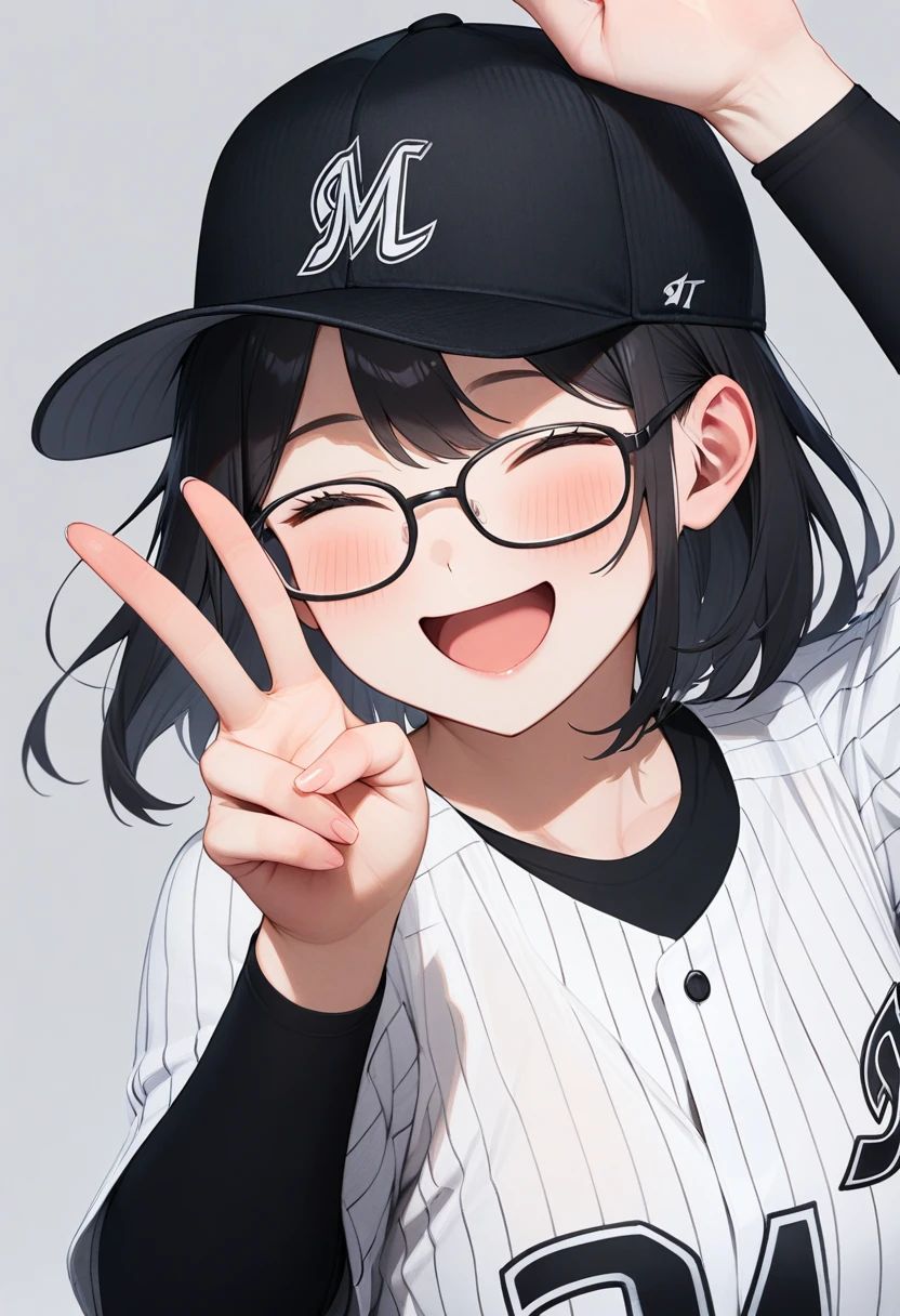 masterpiece, best quality, very aesthetic, absurdres,
1girl, solo, glasses, black hair, medium hair, happy, smile, v, closed eyes, open mouth,
chibalotteU, baseball uniform, baseball cap, black cap, grey background, simple background, upper body,
<lora:ChibaLotteMarinesUniformH_SDXL_V1:1>