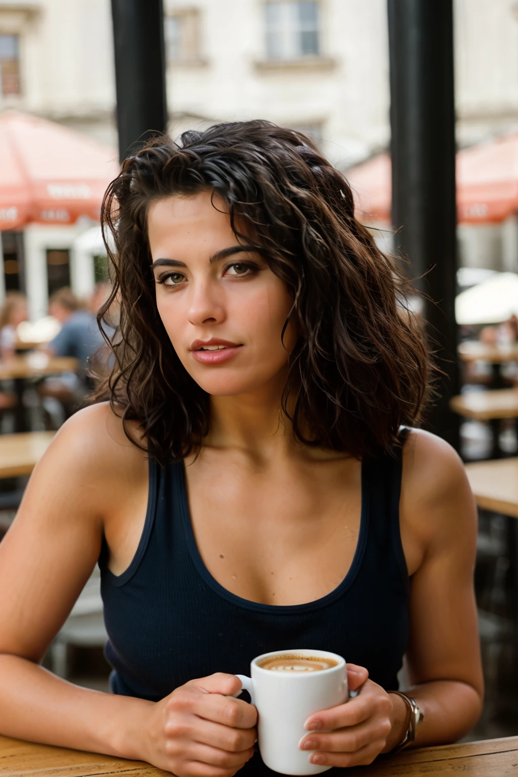 <lora:AngelicaBella:0.8>, full color portrait of a young woman, having coffee at a vintage cafe, natural light, RAW photo, subject, 8k uhd, dslr, soft lighting, high quality, film grain, Nikon D850