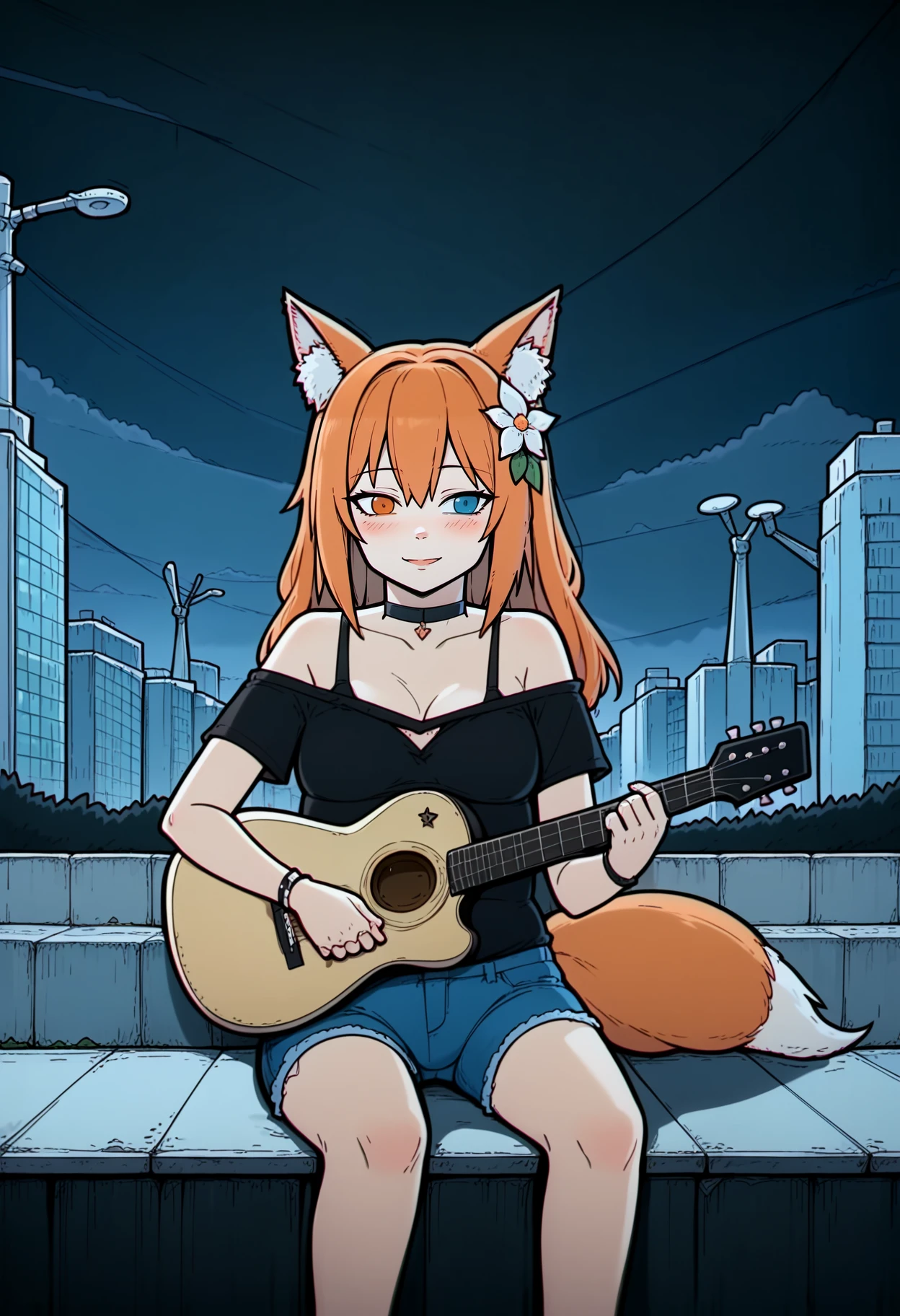 score_9, best quality, masterpiece, uncensored, source_cartoon, chromatic aberration
BREAK
1girl, animal ears, long tail, instrument, tail, solo, fox ears, fox tail, fluffy tail, jewelry, sitting, shorts, long hair, necklace, guitar, shirt, brown eyes, fox girl, bra strap, hair ornament, flower, choker, outdoors, building, looking away, hair flower, city, bracelet, animal ear fluff, denim shorts, orange hair, off shoulder, denim, holding, black bra, playing instrument, black shirt, bra, cityscape, short sleeves, collar, black choker, bangs, music, electric guitar, looking to the side, hair between eyes, blush, floating hair, shy, light smile, blush, surprised, heterochromia, blue eyes, orange eyes
<lora:lazy_square_pony_v2:1>