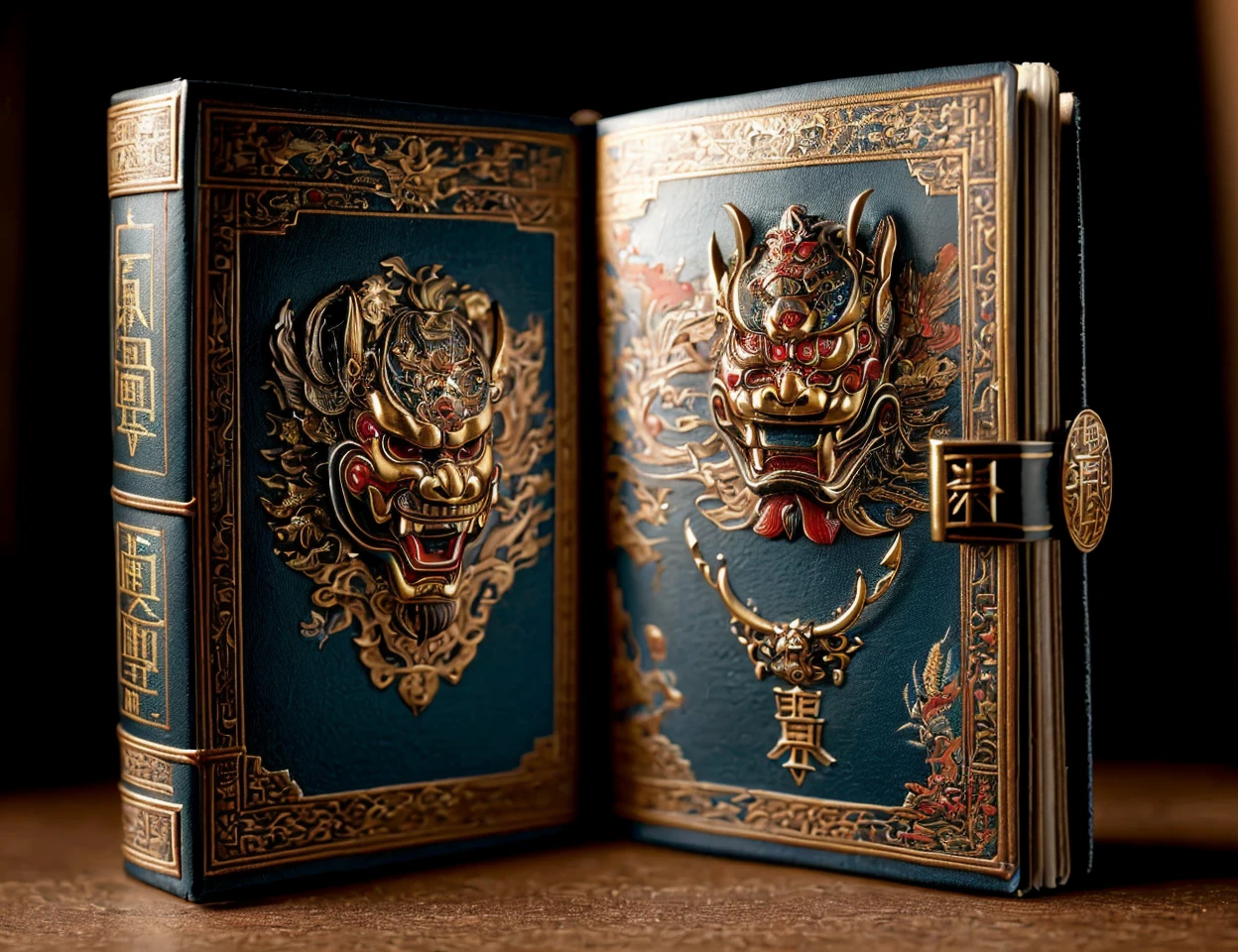 masterpiece, awesome quality, cinematic lighting, detailed, DonMH4ny4 miniature book book, perfect binding, leatherbound, papyrus, rare book room , hannya, tattoo <lora:DonMH4ny4:0.8>