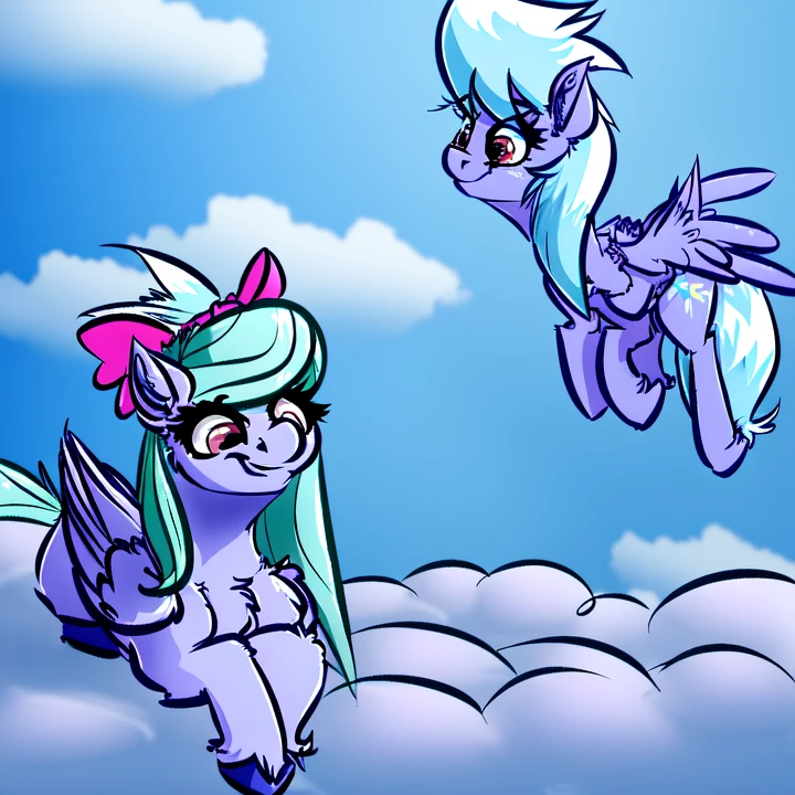 safe, pony, duo, cloudchaser, flitter, pegasus, wings, mare, prone, unshorn fetlocks, clouds, artist:witchtaunter