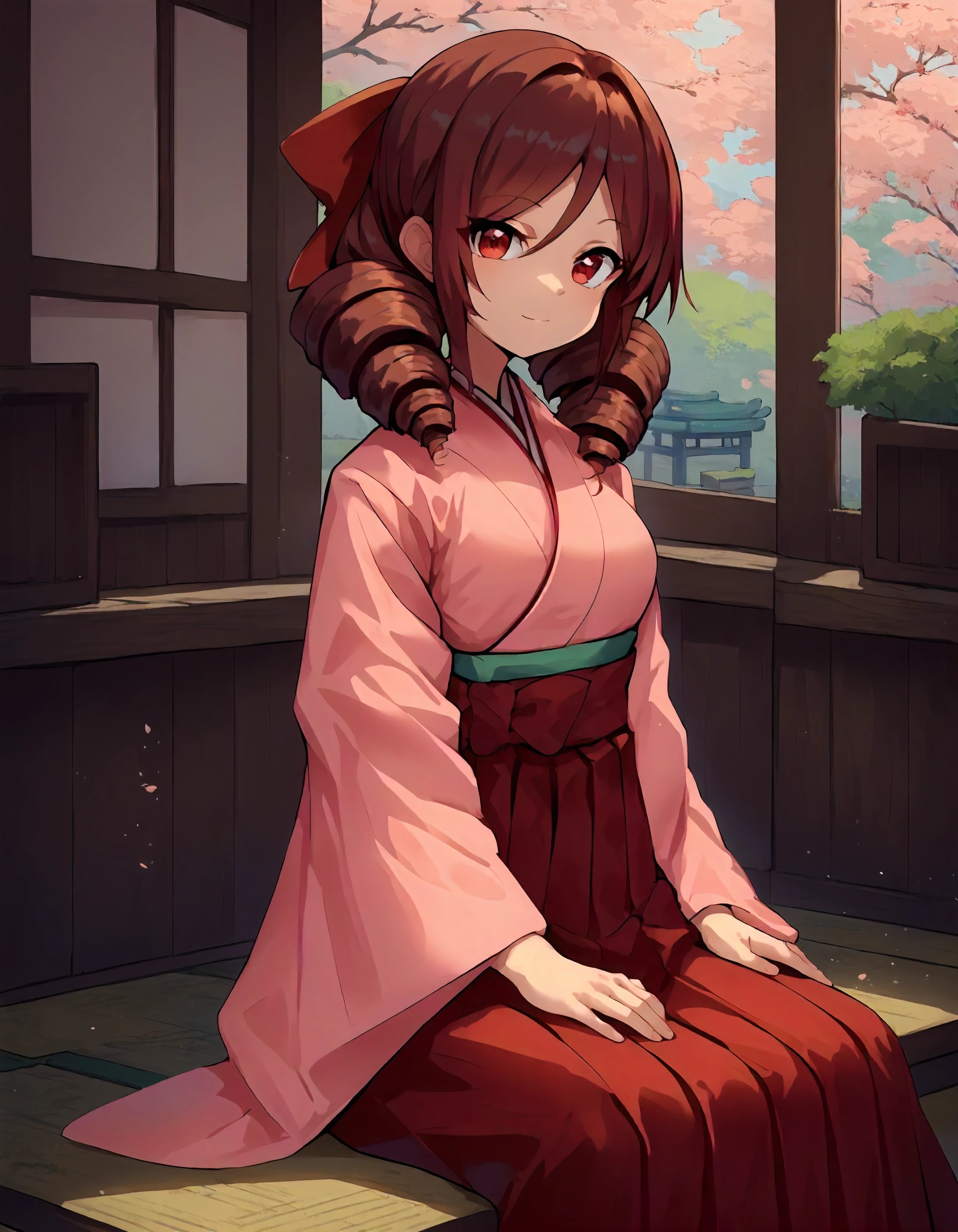 score_9,score_8_up,score_7_up,source_anime,
1girl,solo,looking at viewer,sitting,dormitory,indoors,(smile:0.4),
<lora:harukaze_ponyXLV6:0.7>,kchrkz,brown hair,twin drills,red eyes,
red bow,
japanese clothes,pink kimono,red hakama skirt,
<lora:Smooth Anime Night Style SDXL_LoRA_Pony Diffusion V6 XL:1>