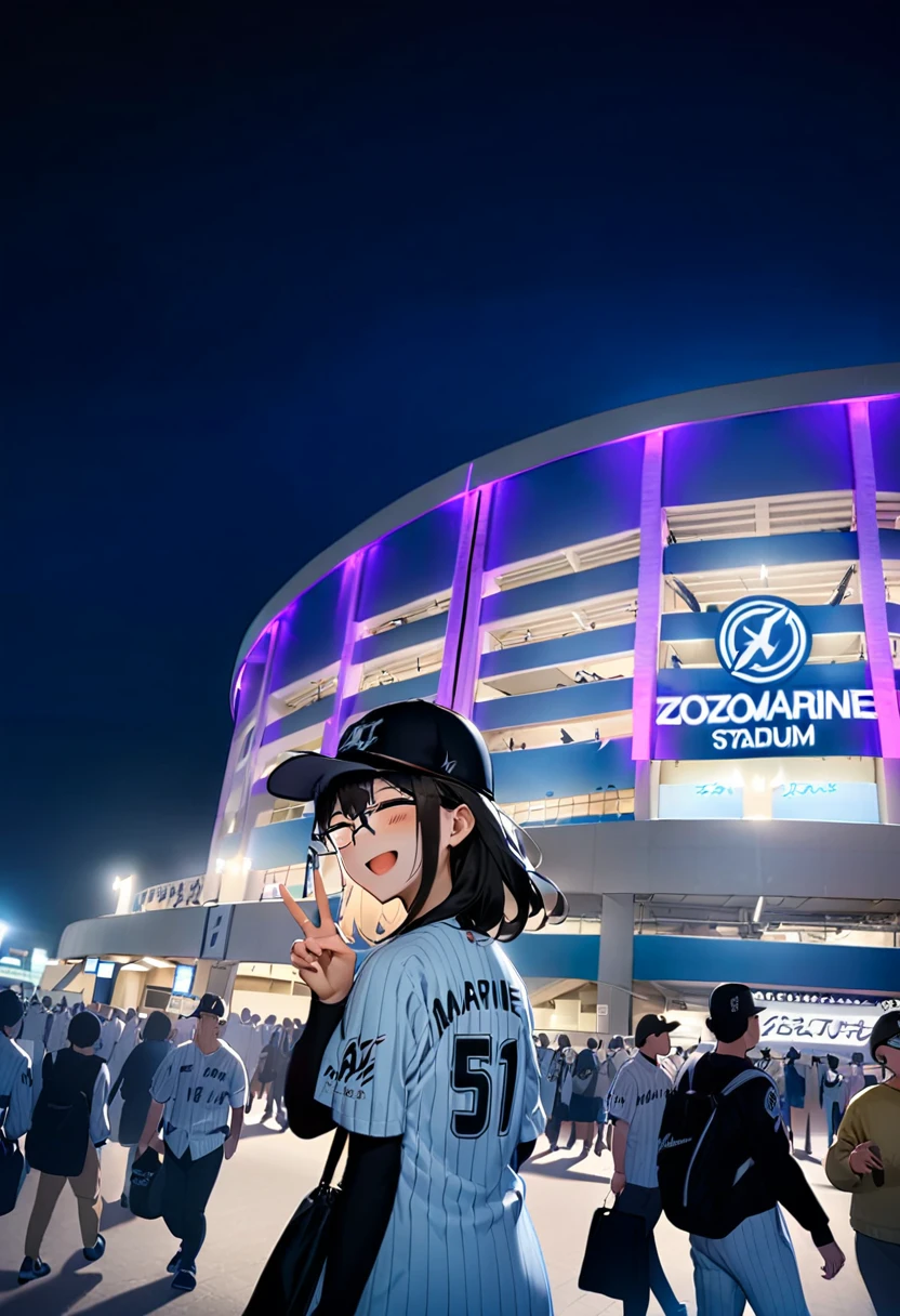 masterpiece, best quality, very aesthetic, absurdres,
1girl, glasses, black hair, medium hair, chibalotteU, baseball uniform, baseball cap, skirt, bag, happy, smile, closed eyes, open mouth, v, looking at viewer, 
marine_stadium, storefront, night, real world location, crowd, people, 6+boys, walking, scenery, outdoors, building, neon lights, night sky, sign
 <lora:marine_stadium_SDXL_V1:1> <lora:ChibaLotteMarinesUniformH_SDXL_V1:1>