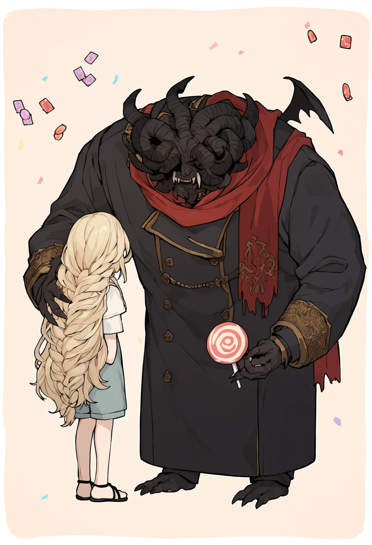 masterpiece,best quality,highly detailed,score_9,score_8_up,score_7_up,score_6_up,highly detailed,cinematic,source anime,
BREAK
<lora:MohgPony1.0:0.9>,2boys,
mohg lord of blood,red scarf,horns,bat wings,height difference,holding candy,standing,holding lollipop,swirl lollipop,full body,black coat,one eye covered,demon horns,claws,sharp fingernails BREAK
miquella,braid,long hair,white shirt,blonde hair,shorts,black footwear,sandals,fake animal ears,
falling cards,beige background,white border,