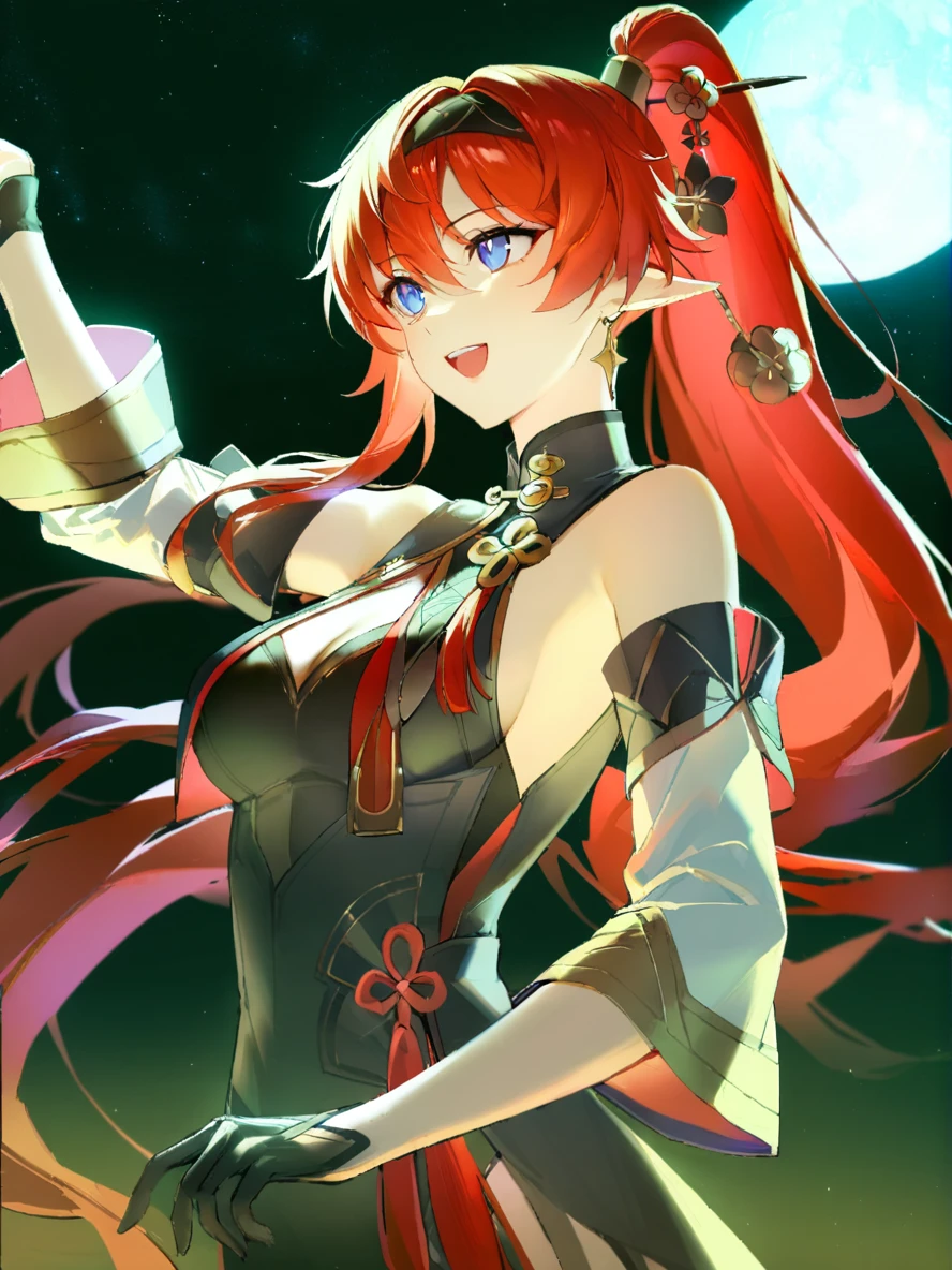 1girl,
yinlin \(wuthering waves\),
solo, sky, star \(sky\), moon, looking up, starry sky, open mouth, long hair, upper teeth only, hair between eyes, teeth, star \(symbol\), gloves, ponytail, bare shoulders, from side, black background, smile, full moon, arm up, black gloves, blue eyes, floating hair, red hair, night, single glove, upper body, white sleeves, night sky, :d, outdoors, detached sleeves,
masterpiece, best quality, safe
<lora:mki-ani3-yinlin-v1:1> <lora:mki-ani31-blackmeow-v1-000120:1>