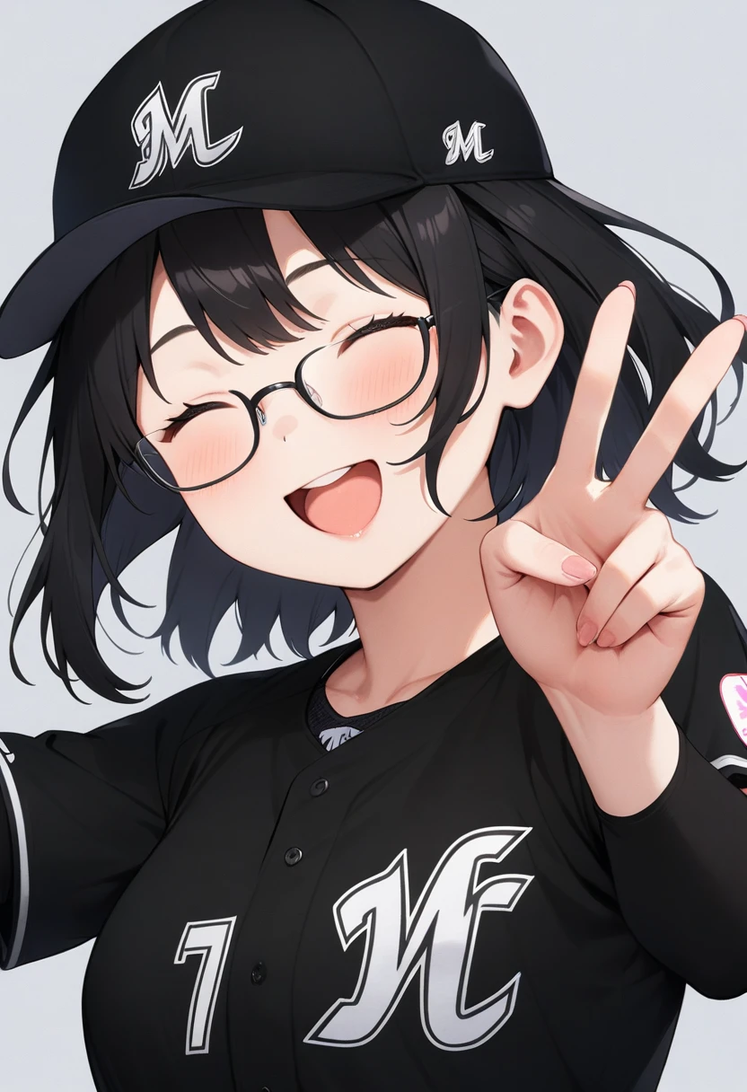 masterpiece, best quality, very aesthetic, absurdres,
1girl, solo, glasses, black hair, medium hair, happy, smile, v, closed eyes, open mouth, 
chibalotteV, baseball uniform, black shirt, baseball cap, black cap, grey background, simple background, upper body,
 <lora:ChibaLotteMarinesUniformV_SDXL_V1:1>