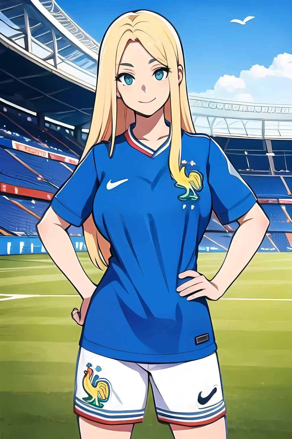 <lora:SC-FR4_Shirt_2024:1>, fr4nc3, sportswear, soccer uniform, blue shirt, shorts, blonde hair, long hair, (cowboy shot:1.2), 1girl, smile, (stadium:1.2), green field, massive breasts, hands on hip, standing, High Detail, (best quality), (ultra-detailed), (best illustration)
