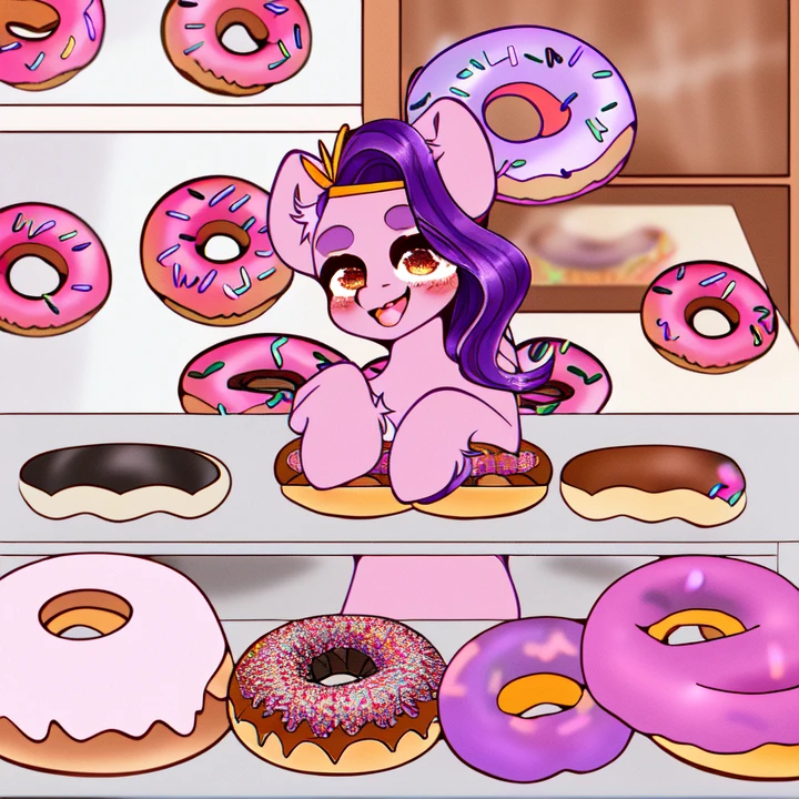 safe, pony, solo, pipp petals, mare, happy, unshorn fetlocks, bakery, (🍩:1.35), artist:etoz