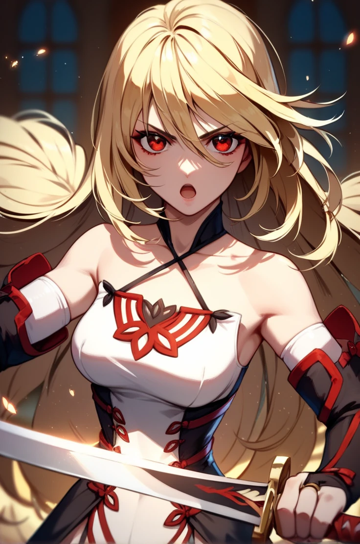 score_9, score_8_up, score_7_up, very aesthetic, source_anime, detailed,
indoor, blurry background,
<lora:lightXL:0.8>
cowboy shot, upper body,
holding sword, dynamic pose, open mouth, serious,
<lora:millaF_autismConfetti_v7:0.95>
millaFracture, long hair, blonde hair, red eyes, bangs,
elbow gloves, bridal gauntlet, short dress,, zPDXL