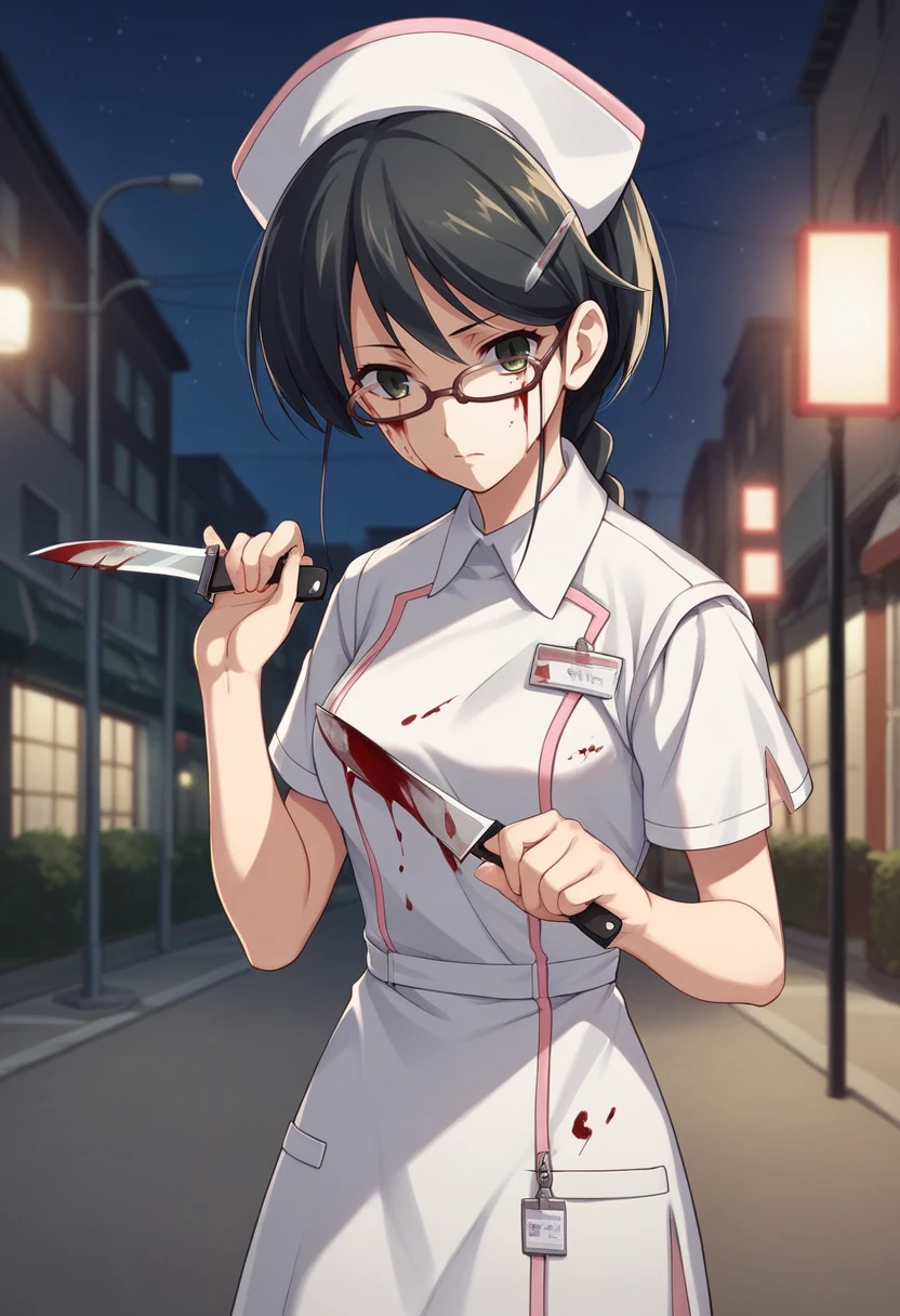 score_9, score_8_up, score_7_up, source_anime BREAK 1girl, solo, <lora:hazukishino-ch-richy-v1_pdxl:0.8> hazukishino, green eyes, black hair, hairclip braid, glasses, nurse, nurse cap, nametag, standing, street, dark, darkness, night, night sky, blood, closed mouth, shaded face, indoors, knife, blood on face, blood on clothes, hand up, holding knife