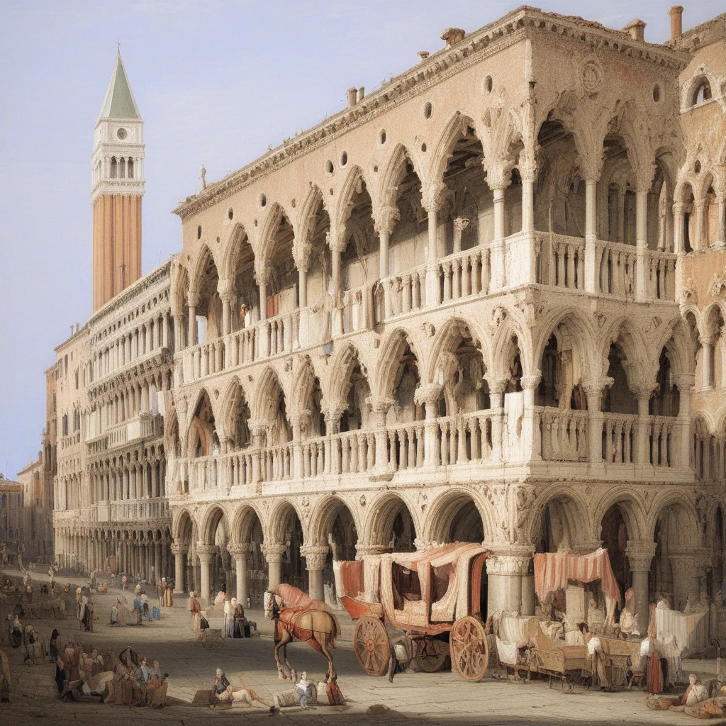 picturesque, antique, balcony, medieval, windows, ruins, venice, carriage, church, street, civil palace