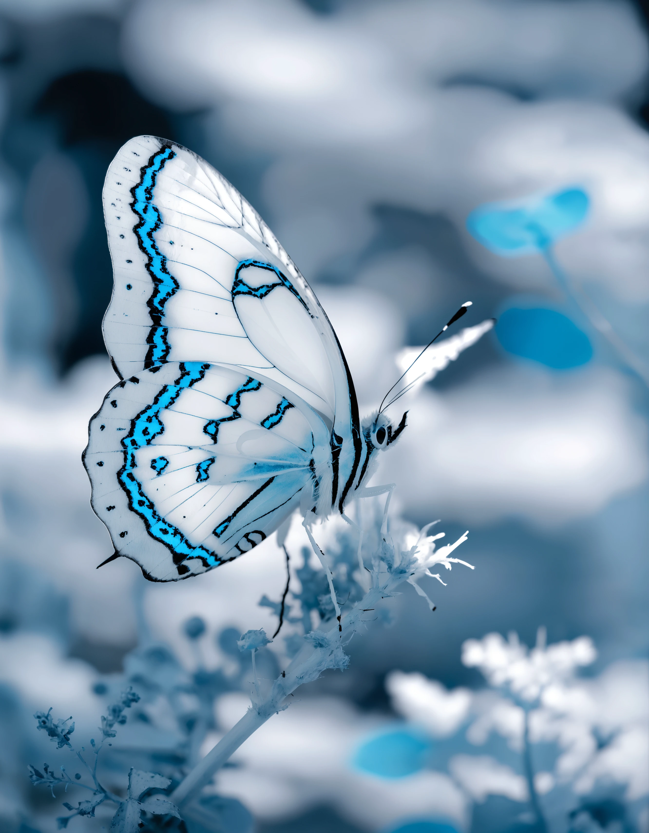 zavy-nfrrd, infrared, white, light-blue highlights, macro shot of a butterfly, 100mm f/2.8 macro lens,