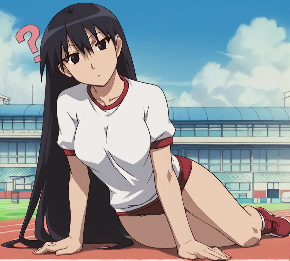 Sakaki, zPDXL, best quality, amazing quality, score 9, 1girl, outdoors, gym uniform, track, looking at viewer, head tilt, full body, ?, <lora:Sakaki:1>