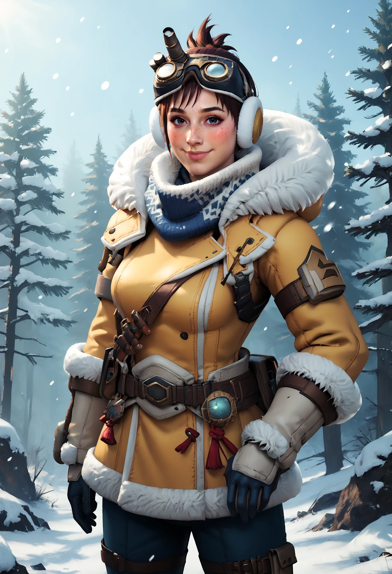 score_9, score_8_up, score_7_up, score_6_up, score_5_up, score_4_up, rating_safe, 1girl, breasts, solo, MHWHandler, looking at viewer, blush, gentle smile, closed mouth, snowing, winter forest, massive trees, brown hair, freckles, HandlerSelianaOutfit, goggles on head, yellow fur coat, blue pants, fur boots, fur gloves, scarf, earmuffs
 <lora:The_Handler_Monster_Hunter_World_PONY:0.8>