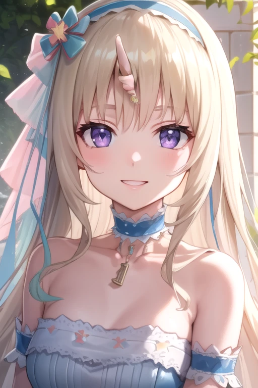 ((masterpiece)),(best quality),official art,extremely delicate and beautiful,extremely detailed CG,unity 8k wallpaper,ultra detailed,beautiful detailed eyes,extremely detailed face,outdoors,1girl,solo,upper body,(portrait:1.5),looking at viewer,facing viewer,smile,Civia,very long hair,blonde hair,single horn,hair ribbon,blue hairband,blue hairband,hair ornament,sidelocks,parted bangs,purple eyes,collarbone,jewelry,choker,necklace,bare shoulders,blue dress,blue bow,blue ribbon,white gloves,medium breasts,frills,bridal garter,thigh strap,blue skirt,sandals,<lora:Civia(vtb)>,