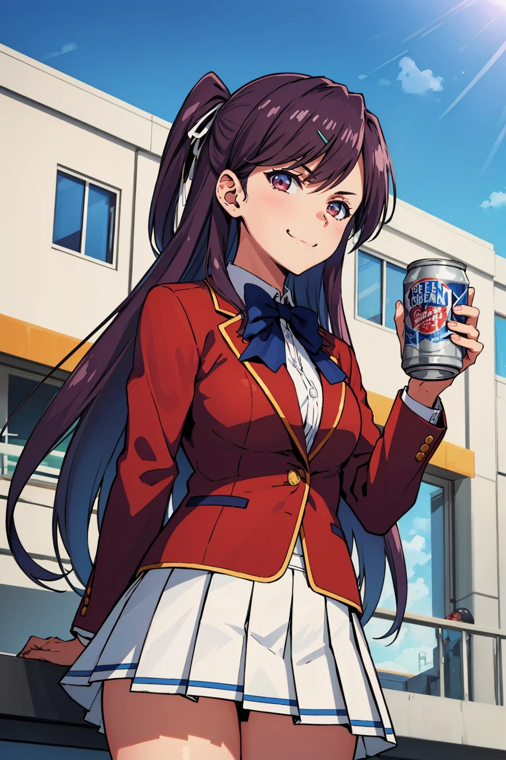 masterpiece, best quality, 1girl,  <lora:kamuromasumi-nvwls-v1-000009:0.9> masumi, one side up, hairclip, red blazer, blue bowtie, long sleeves, pleated skirt, white skirt, holding can of beer, looking at you, smug smile, blue sky, city, from below