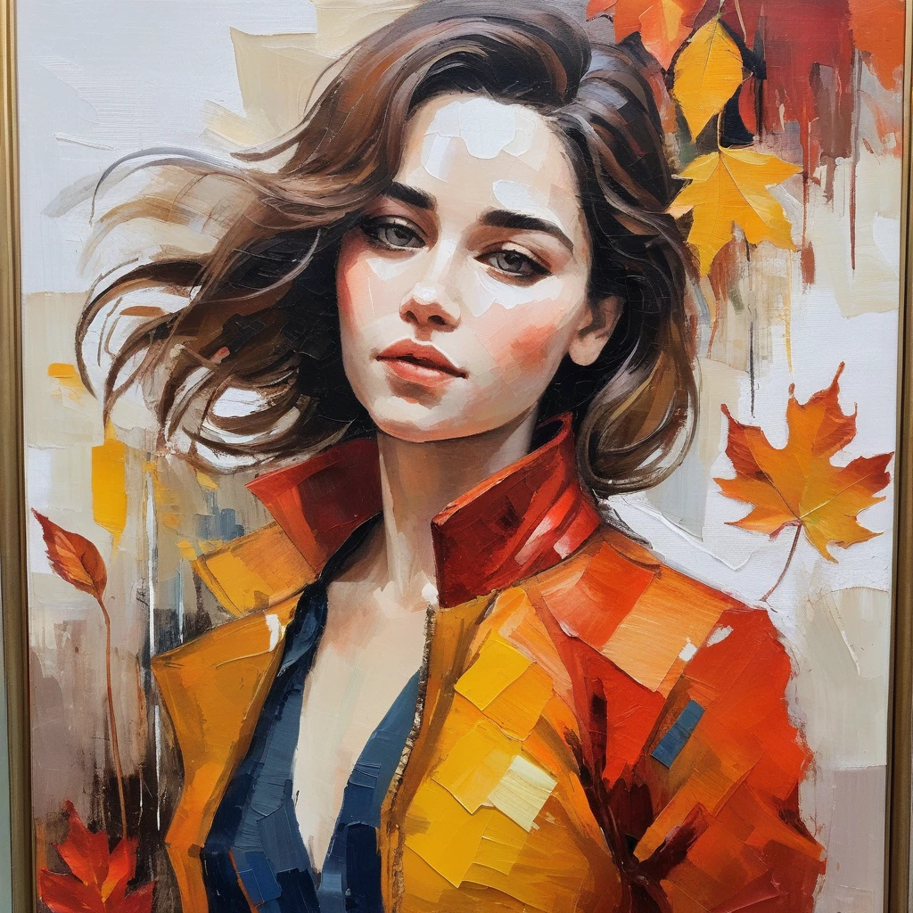 (Abstract) sketch of a woman in the fall season, oil on canvas, ,emxclrke,  <lora:emclarke_juggerX_xl_2_st_wocap-emxclrke-000025:1>