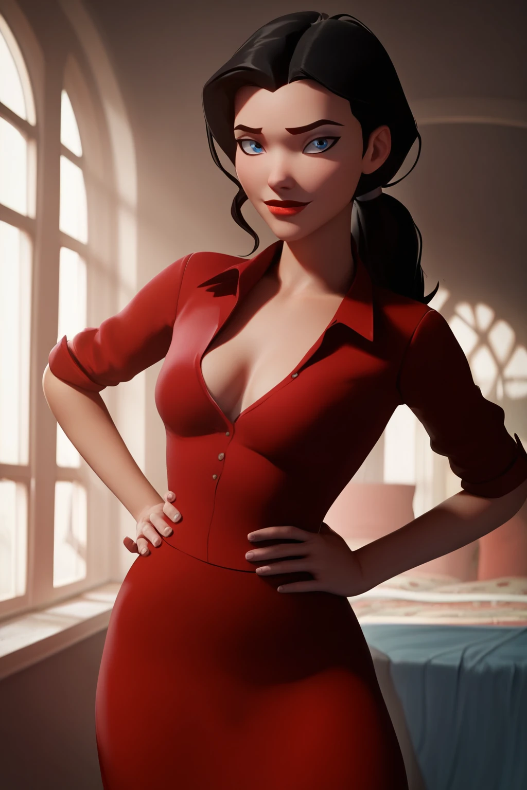 source_cartoon, source_anime, score_9, score_8_up, score_7_up, ((zPDXL2)), <lora:add-detail-xl:3> BREAK <lora:Zatanna_-_Young_Justice:1> zatanna, black hair, blue eyes, (looking at viewer), solo focus, lipstick, ponytail, shirt, red dress, medium breasts, standing, hands on hip, flirting, indoors