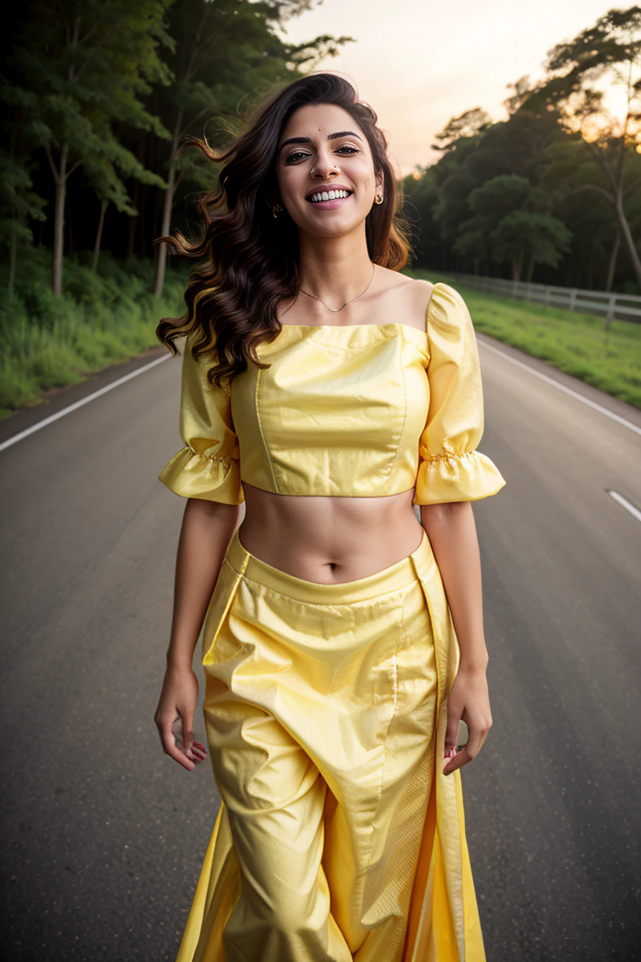 photo of a spna woman, cinematic lighting, wearing conservative intricate Yellow clothes, solo, laughing outdoors in highway, background bokeh   <lora:spna_Sapna_Pabbi_SD15_LoRA_prodigy_local_regsHNepochs-000020:0.8>