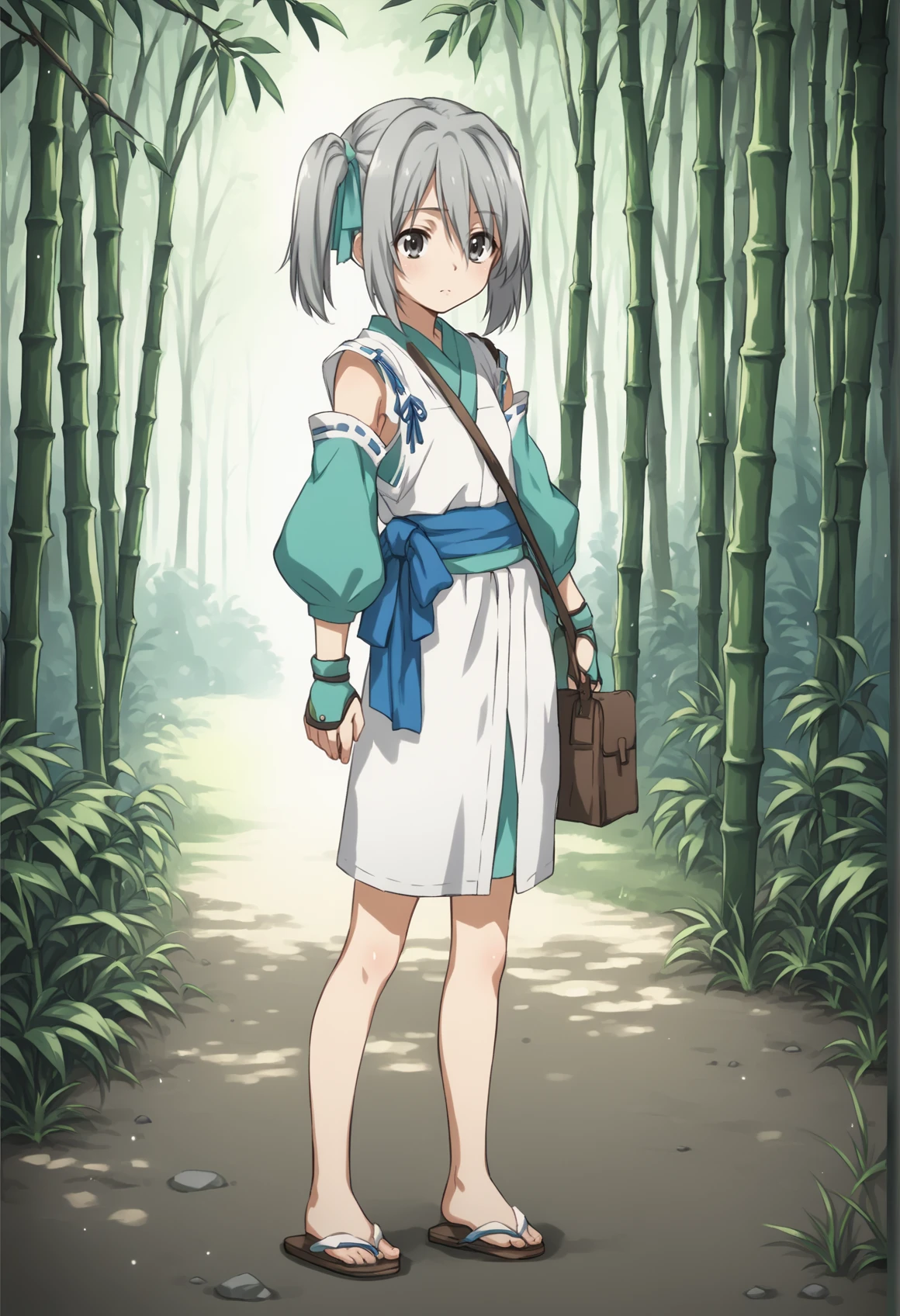 1girl, medium hair, grey hair, twintails, grey eyes, hair ribbon, onmyouji, white japanese clothes, bare legs, miniskirt, ribbon, detached sleeves, fingerless gloves, bag. sandals, holding talisman, cowboy shot, outdoors, bamboo forest <lora:Hanbee:1> full body, score_9, score_8_up, score_7_up, score_6_up, score_5_up, score_4_up, BREAK source_anime, masterpiece