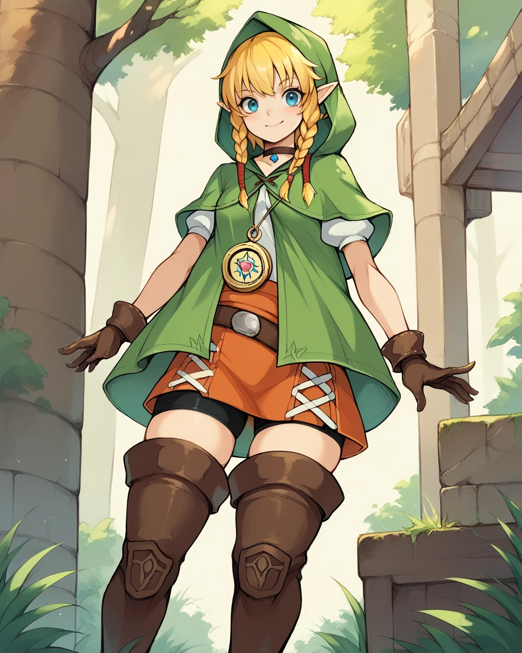 score_9, score_8_up, score_7_up, source_anime, solo, 1girl, linkle, nintendo, the legend of zelda, braid, twin braids, choker, thigh boots, zettai ryouiki, hood, <lora:linkle_PDXL-000001:1> <lora:neneneji_PDXL:1>