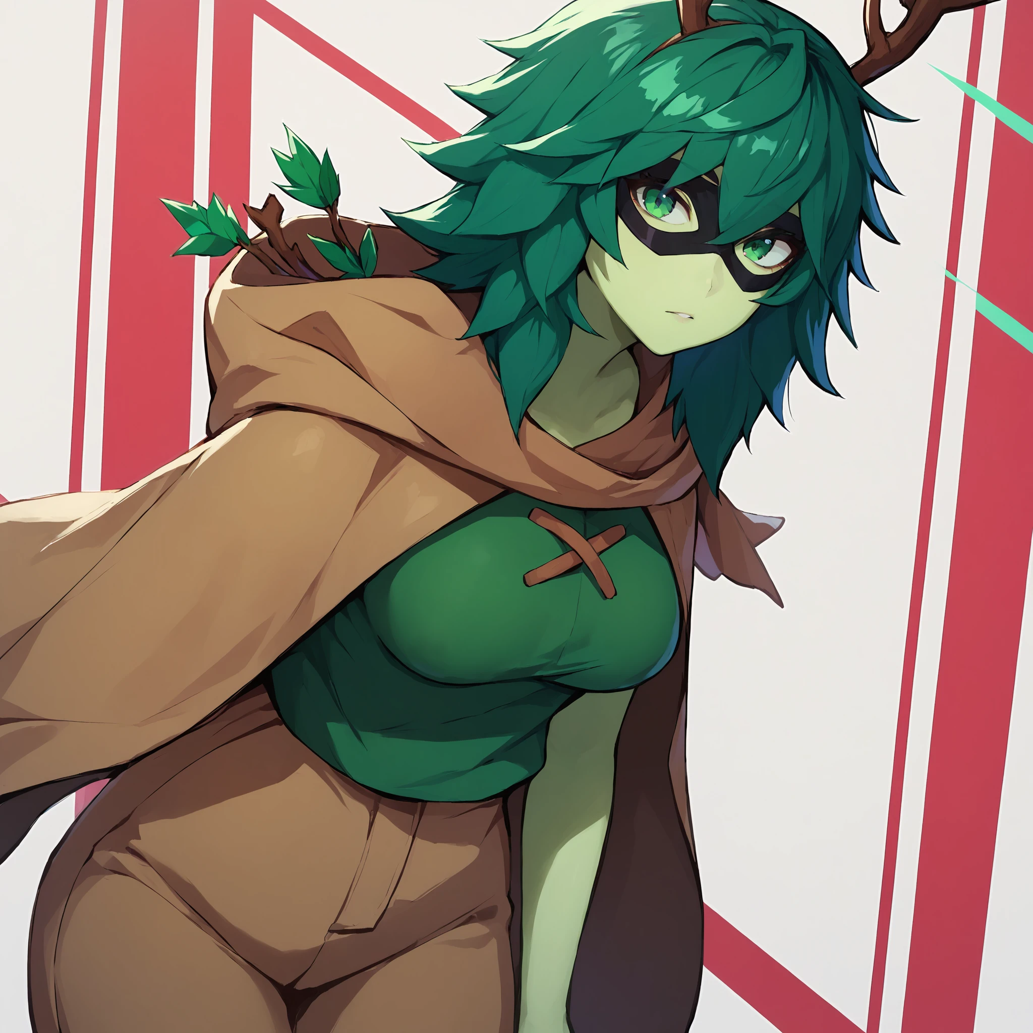 score_9, score_8_up, score_7_up, score_6_up, score_5_up, score_4_up, masterpiece, thick lines, 2d, flat colors, anime,  huntresswizard <lora:huntresswizardpony:1>, 1girl, hwgreenoutfit, green shirt, brown scarf, brown hood, solo, breasts, looking at viewer, green eyes, green hair, cape, mask, colored skin, antlers, green skin, domino mask BREAK source_anime