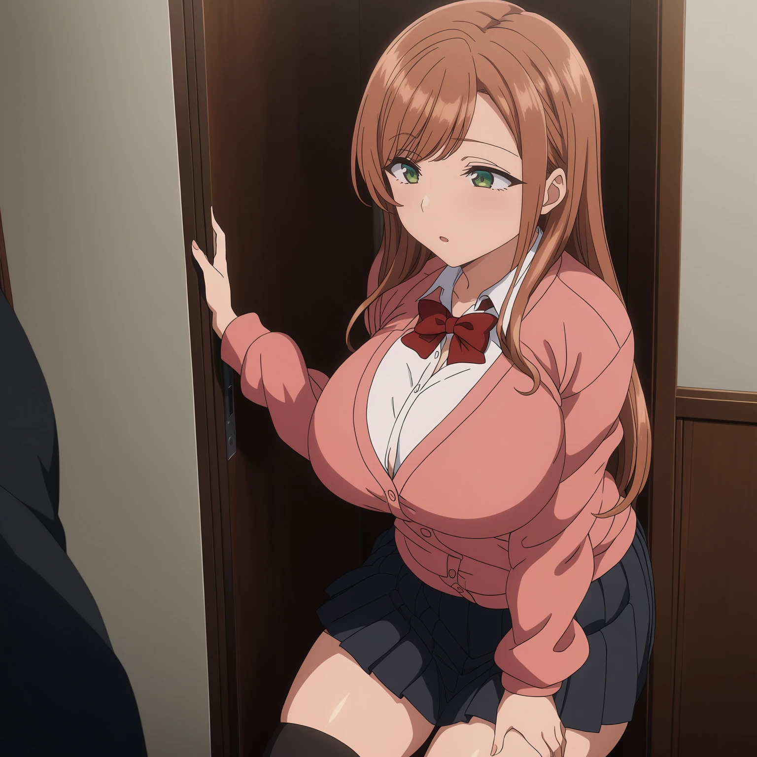 <lora:MinakoSanadaXL001>,
anime screencap,
best quality,masterpiece,
MinakoSanada,1girl,brown hair,long hair,green eyes,
large breasts,
white shirt,red bowtie,pink cardigan,long sleeves,
pleated_skirt,black skirt,
thigh,black socks,