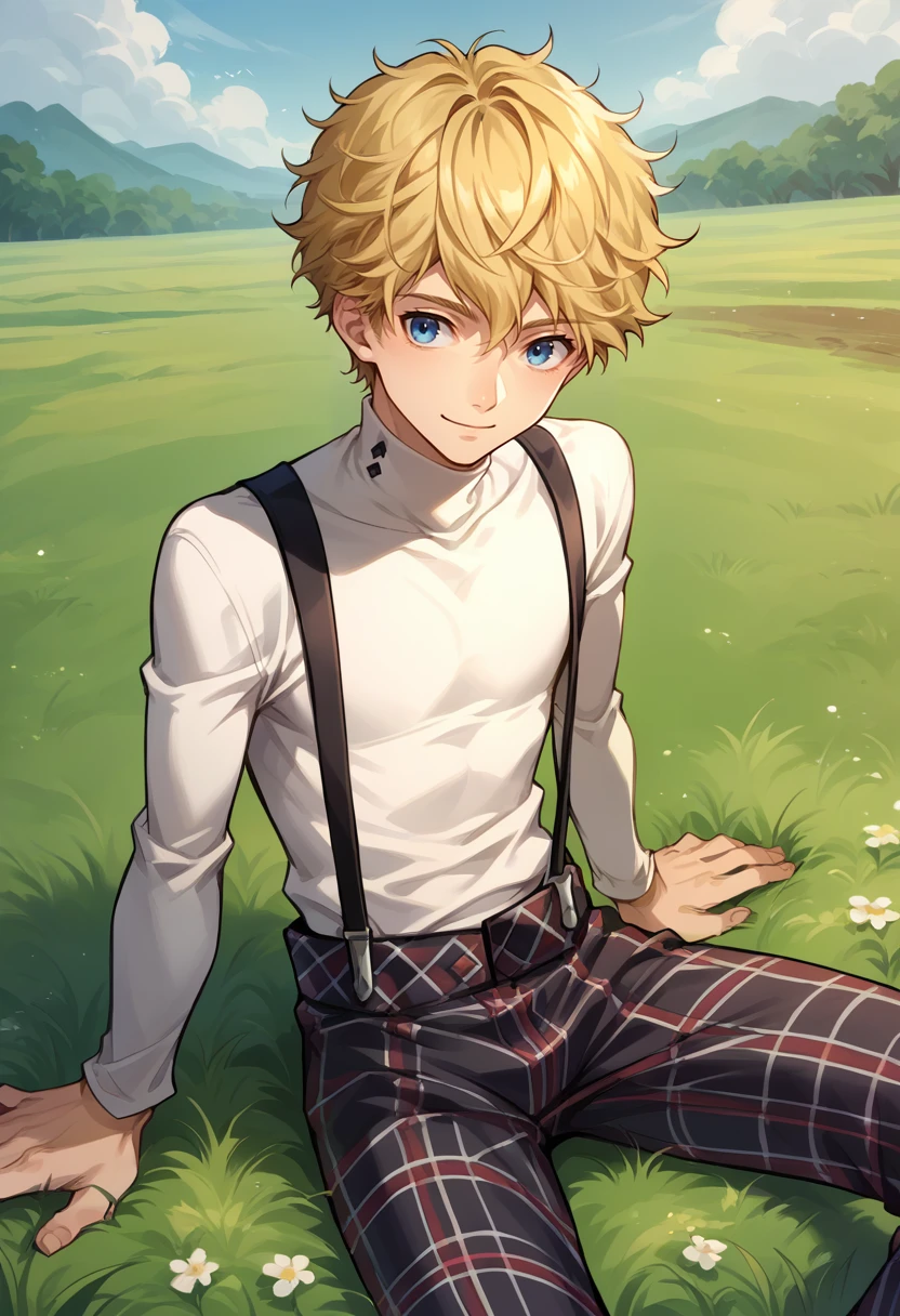 score_9, score_8_up, source_anime, 1boy, solo, blonde hair, short hair, blue eyes, BoySuspenders, white turtleneck, suspenders, plaid pants, smile, outdoors, grass, sitting, on grass, <lora:ChamShuujinAcademyUniformPonyXL:1>