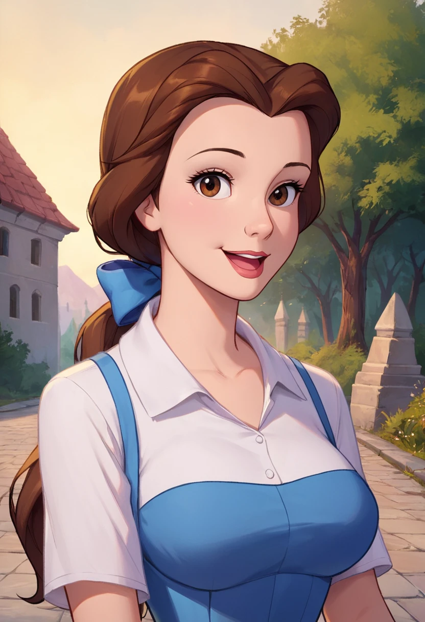 PonyXLV6_Scores ,source_anime, masterpiece,best quality, highly detailed,<lora:xl_more_art-full_v1:0.8>,cinematic,
BREAK
 <lora:belle:0.8>belle,1girl, solo, brown hair, shirt,brown eyes,  smile, white shirt, looking at viewer, upper body, outdoors, bow, ponytail, open mouth, long hair, hair bow, blue dress, blue bow, dress,parody,large breasts,