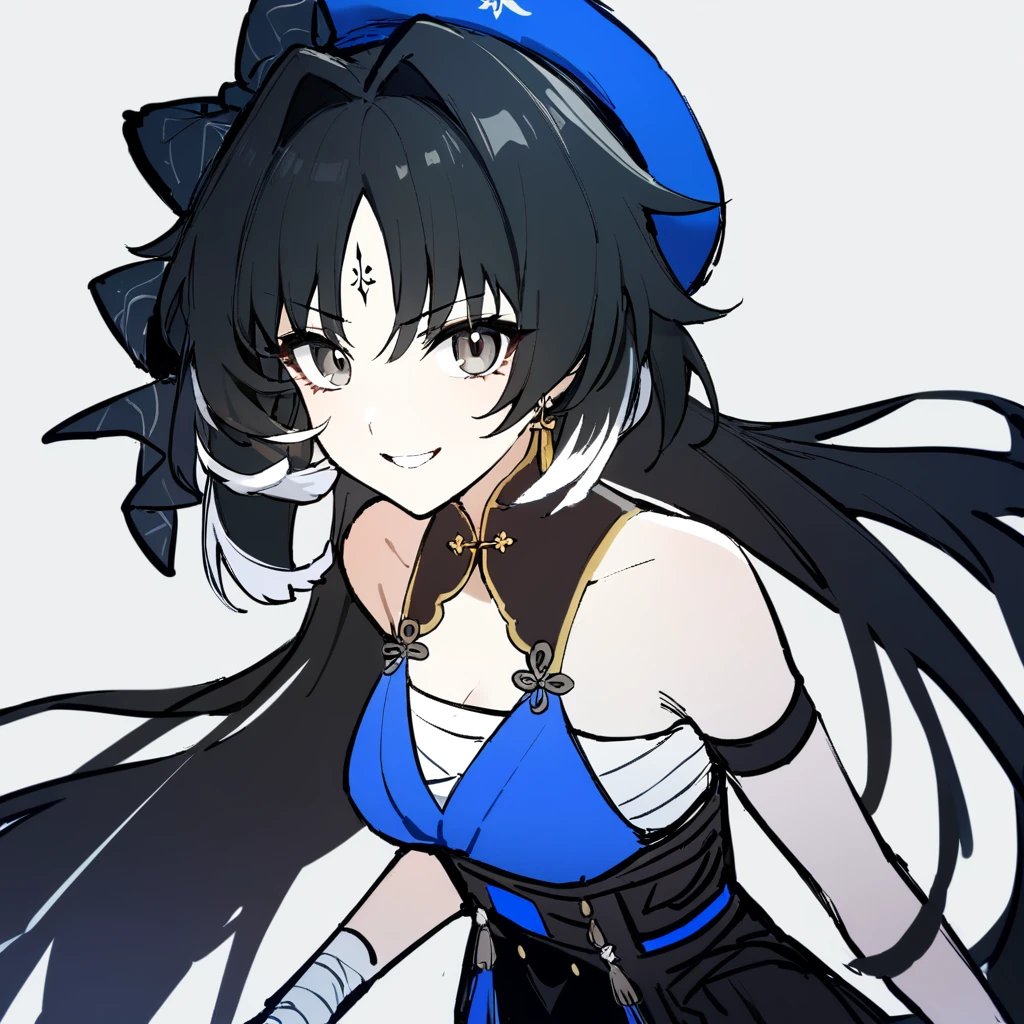 1girl,
yangyang \(wuthering waves\),
solo, bare shoulders, v-shaped eyebrows, blue headwear, floating hair, white background, hair bow, simple background, smile, bow, arm strap, parted lips, grey eyes, bandaged arm, tassel, upper body, chest sarashi, blue bow, sketch, chinese clothes, black hair, bandaged hand, long hair, looking at viewer, sarashi, very long hair, bandages,
masterpiece, best quality, safe
<lora:mki-ani3-yangyang-v3:1>