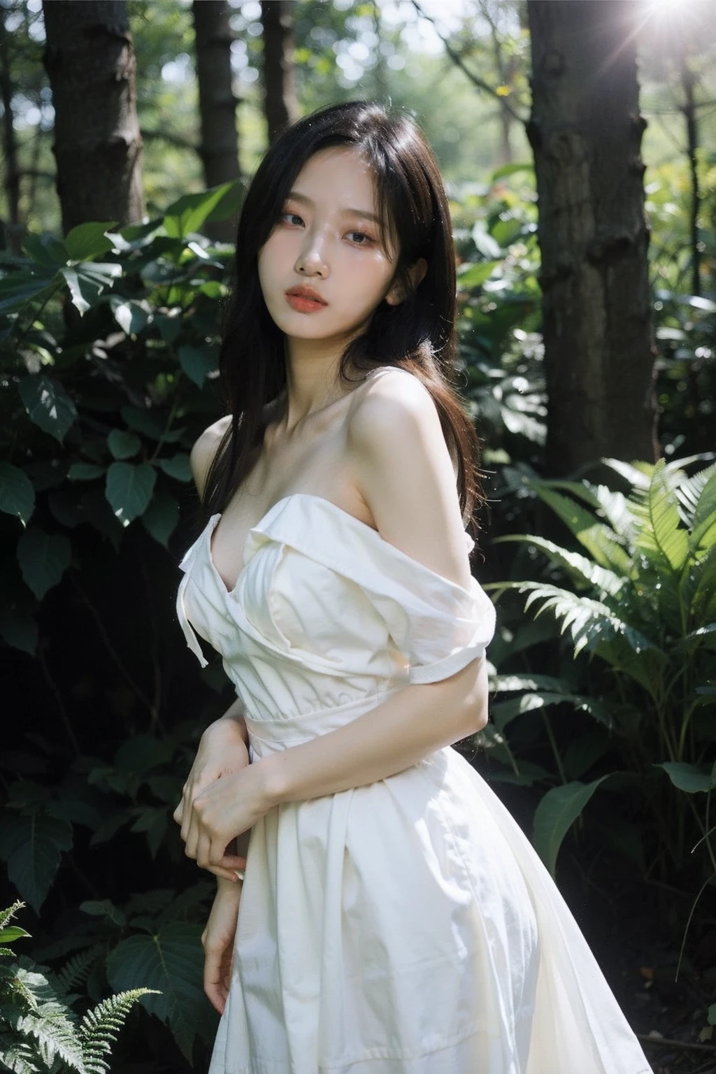 (realistic), (hyperrealism),best quality, masterpiece,ultra high res, (photorealistic:1.4),1girl,pale skin,young,(looking at viewer),dark forest, sun ray,
<lora:makina69_seori_v1.0:1>, white dress , bare shoulders, cowboy shot
