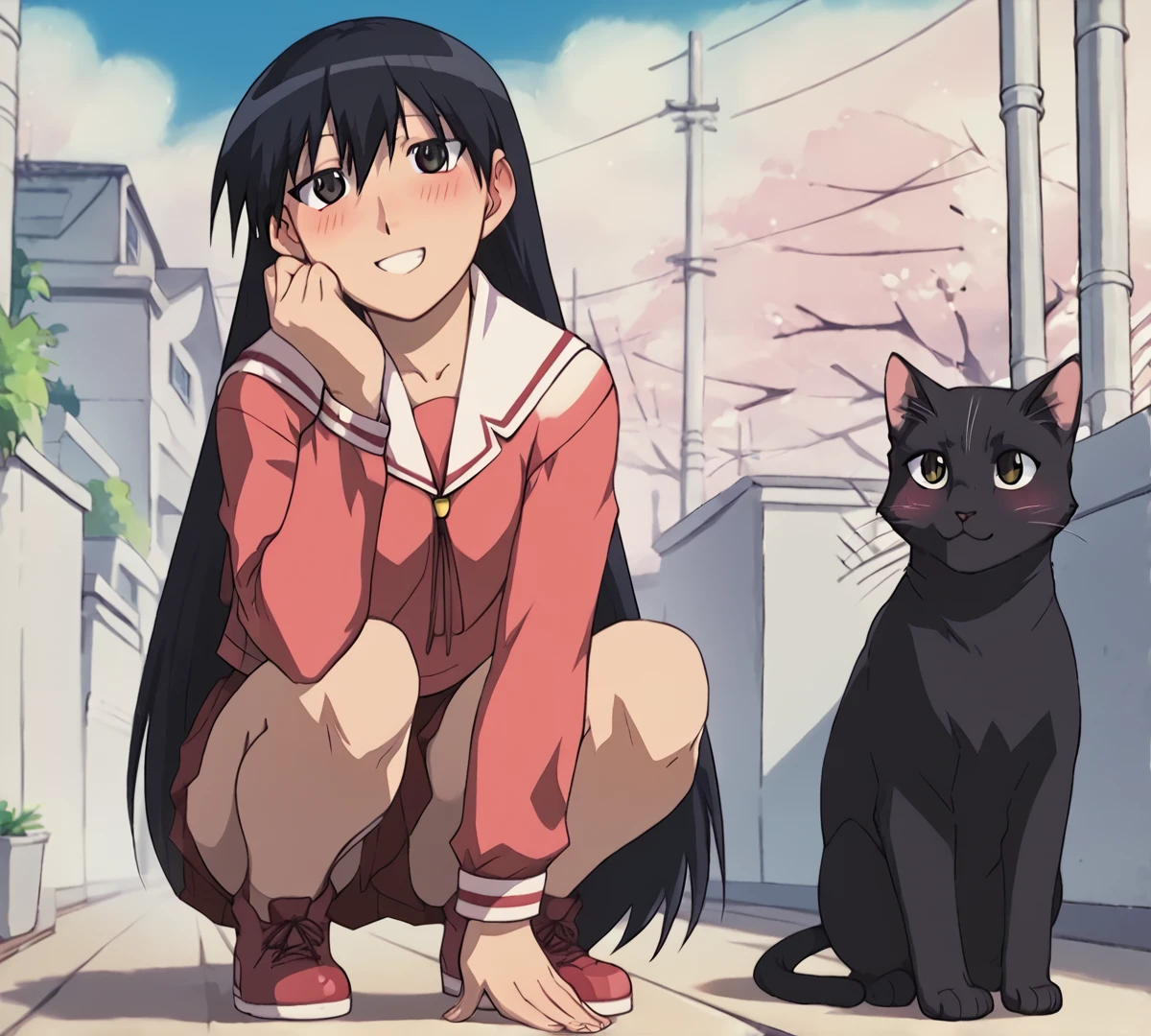 Sakaki, zPDXL, best quality, amazing quality, score 9, 1girl, outdoors, serafuku, smile, blushing, cat, happy, squatting, <lora:Sakaki:1>