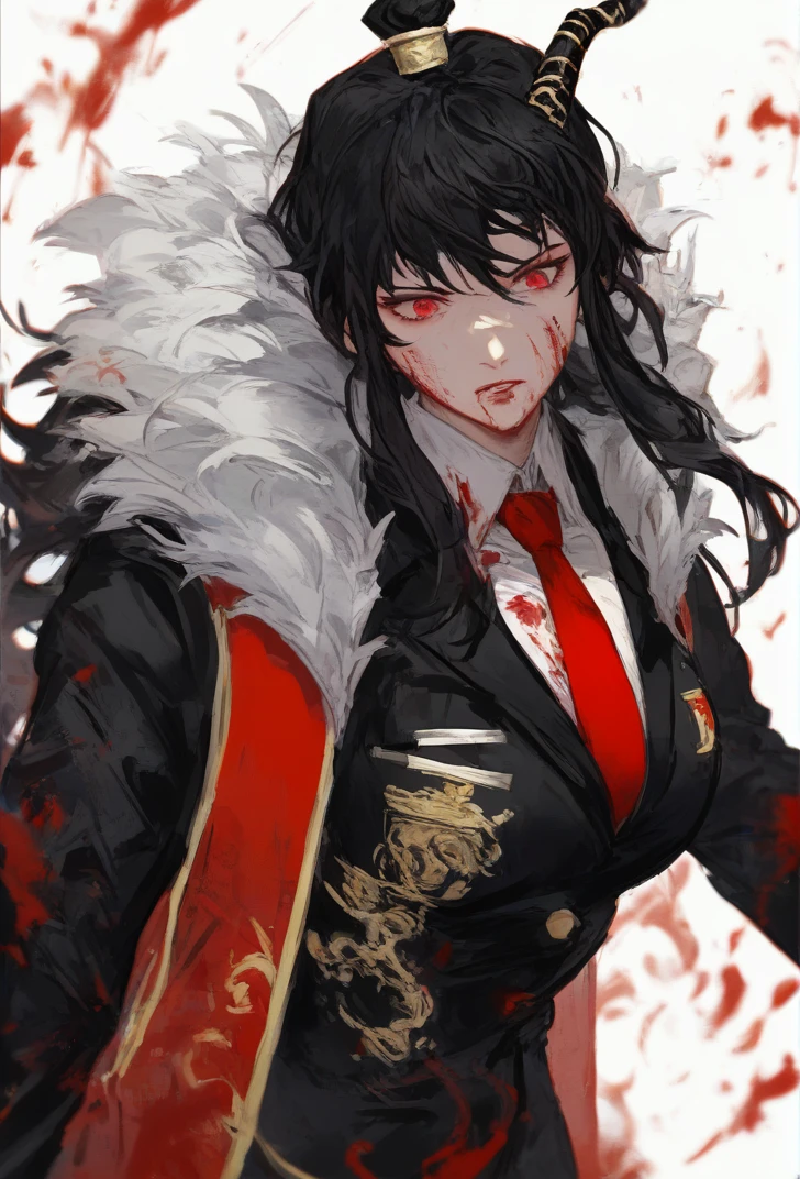 (score_9, score_8_up:1.1), score_7_up, masterpiece, <lora:Xiao_Library_Of_Ruina:1>, XiaoLOR, XiaoScales, two black dragon horns on one side of the head, black scales covering the body, solo, long hair, shirt, black hair, red eyes, long sleeves, 1girl, female focus, necktie, horns, fur trim, blood, fire, red necktie, blood on face