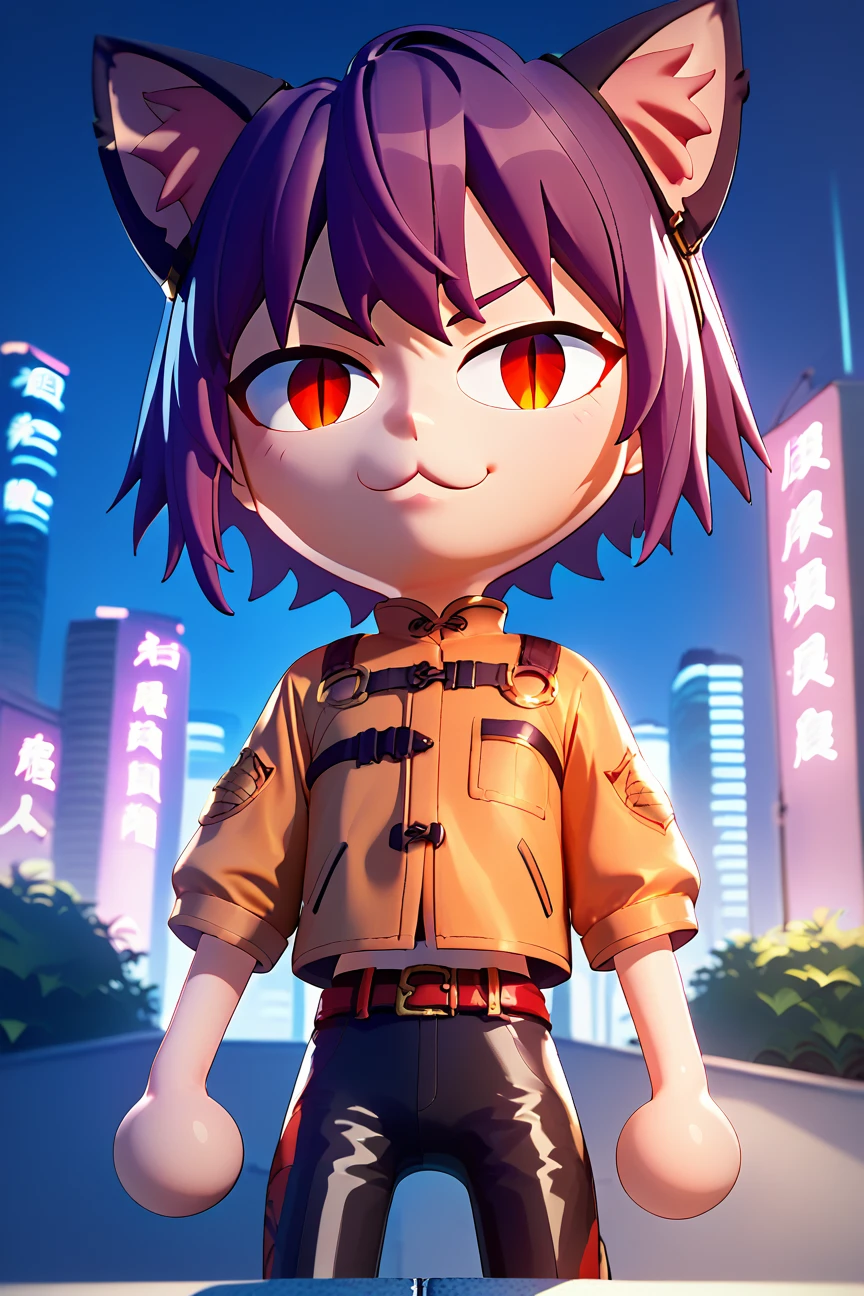 score_9_up, score_8_up, score_7_up, <lora:2.5DV2:1>,   (1girl, solo), short hair, purple hair color, slim body, orange urabn coat, black pants, belts, necoarc, red eyes, slit pupils, cat ears, chibi, <lora:necoarc-guy-PONY-v1:1>, on rooftop, standing, looking at viewer, front view, face focus, pov, background Chinese slums, multi-storey buildings, at night, neon lights, masterpiece, 4k, best quality masterpiece