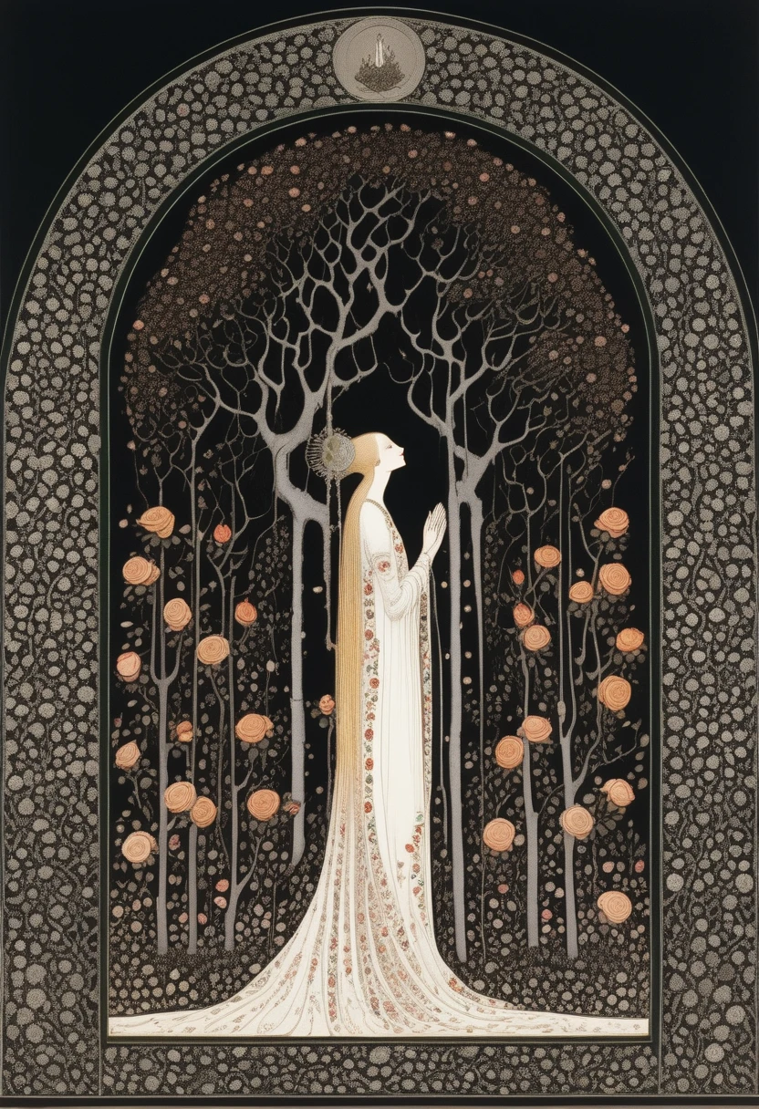 Thin elegant woman in long white dress, praying at holy tree, roses, floral border, color, illustration, Kay Nielsen, <lora:Kay_Nielsen_Style:0.75>