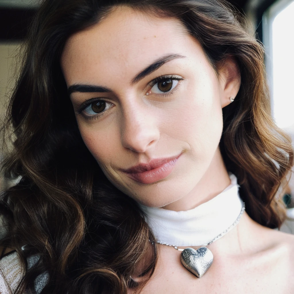 Looking straight at the camera, Film grain, skin texture, Instagram closeup selfie of a woman with beautiful wavy hair wearing a heart necklace,f/1.8,wearing a tutleneck shirt, anxhthway, <lora:anhathaway_juggerX_xl_1_standard_wocap_merger_56prev_51_72_04_03_03-anxhthway:1.0>