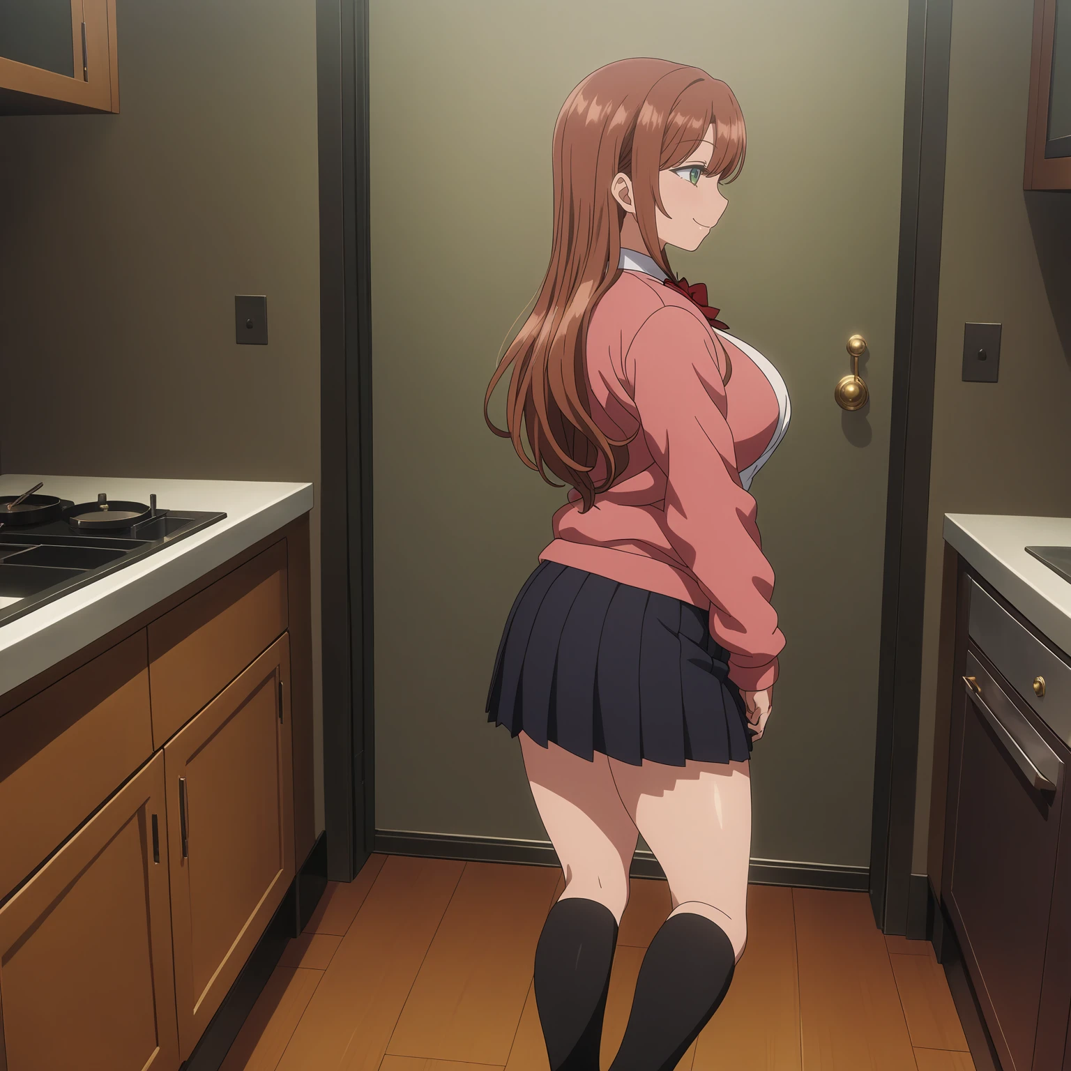 <lora:MinakoSanadaXL001>,
anime screencap,
best quality,masterpiece,
solo,
smile,
MinakoSanada,1girl,brown hair,long hair,green eyes,
large breasts,
white shirt,red bowtie,pink cardigan,long sleeves,
pleated_skirt,black skirt,
thigh,black socks,loafers,
full body,standing,looking back,